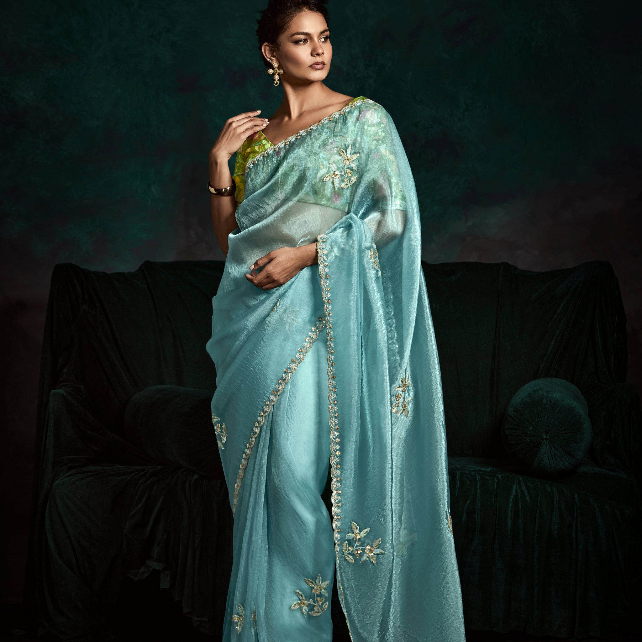 Sky Blue Designer Saree with Sequin & Thread Embroidery