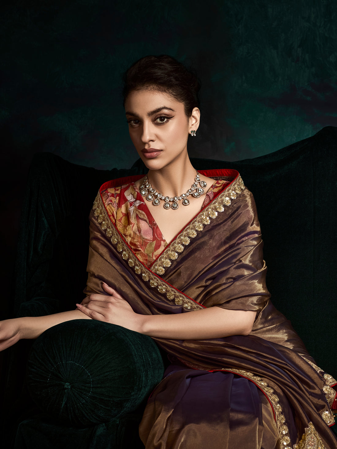 Brown Designer Saree with Sequin & Thread Embroidery