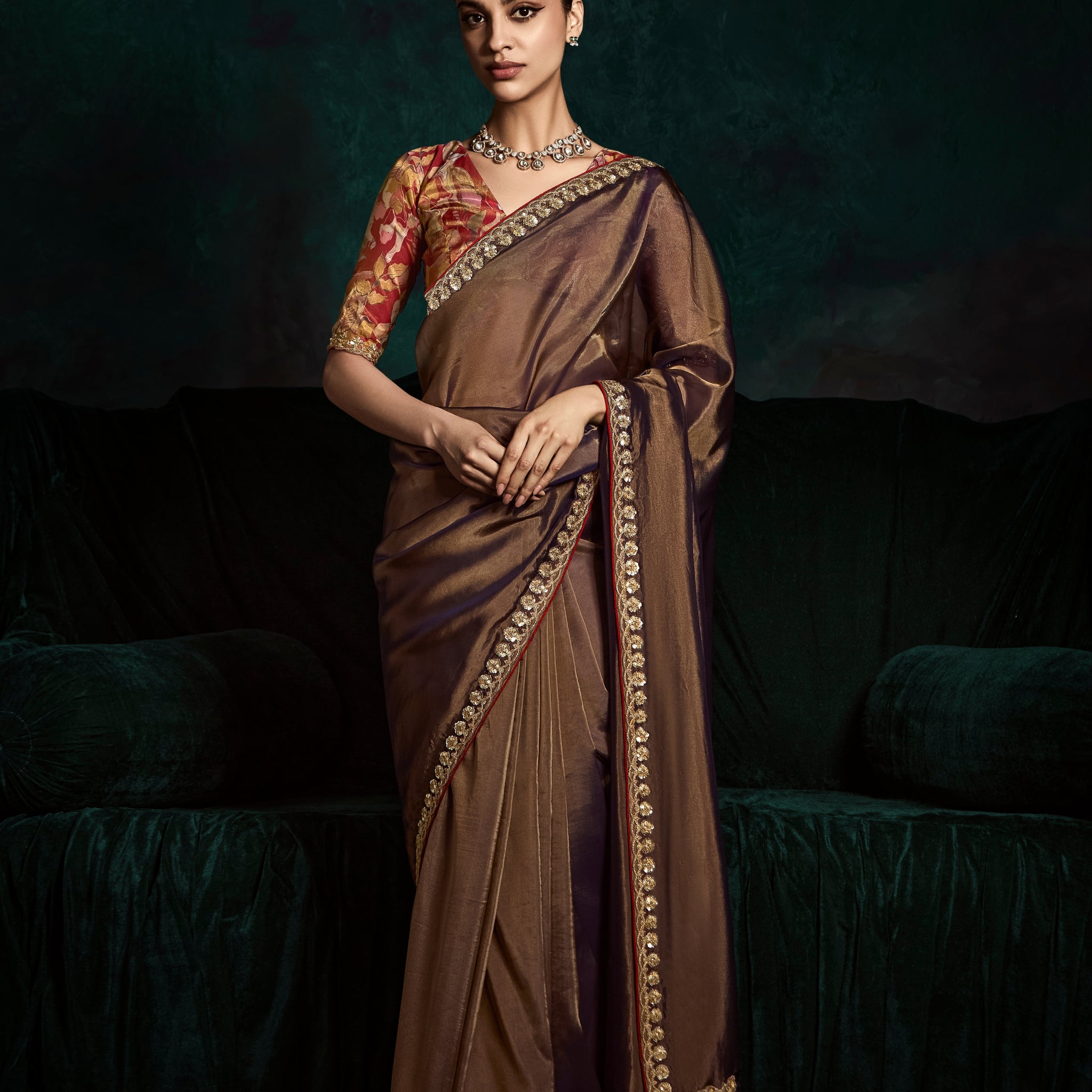 Brown Designer Saree with Sequin & Thread Embroidery