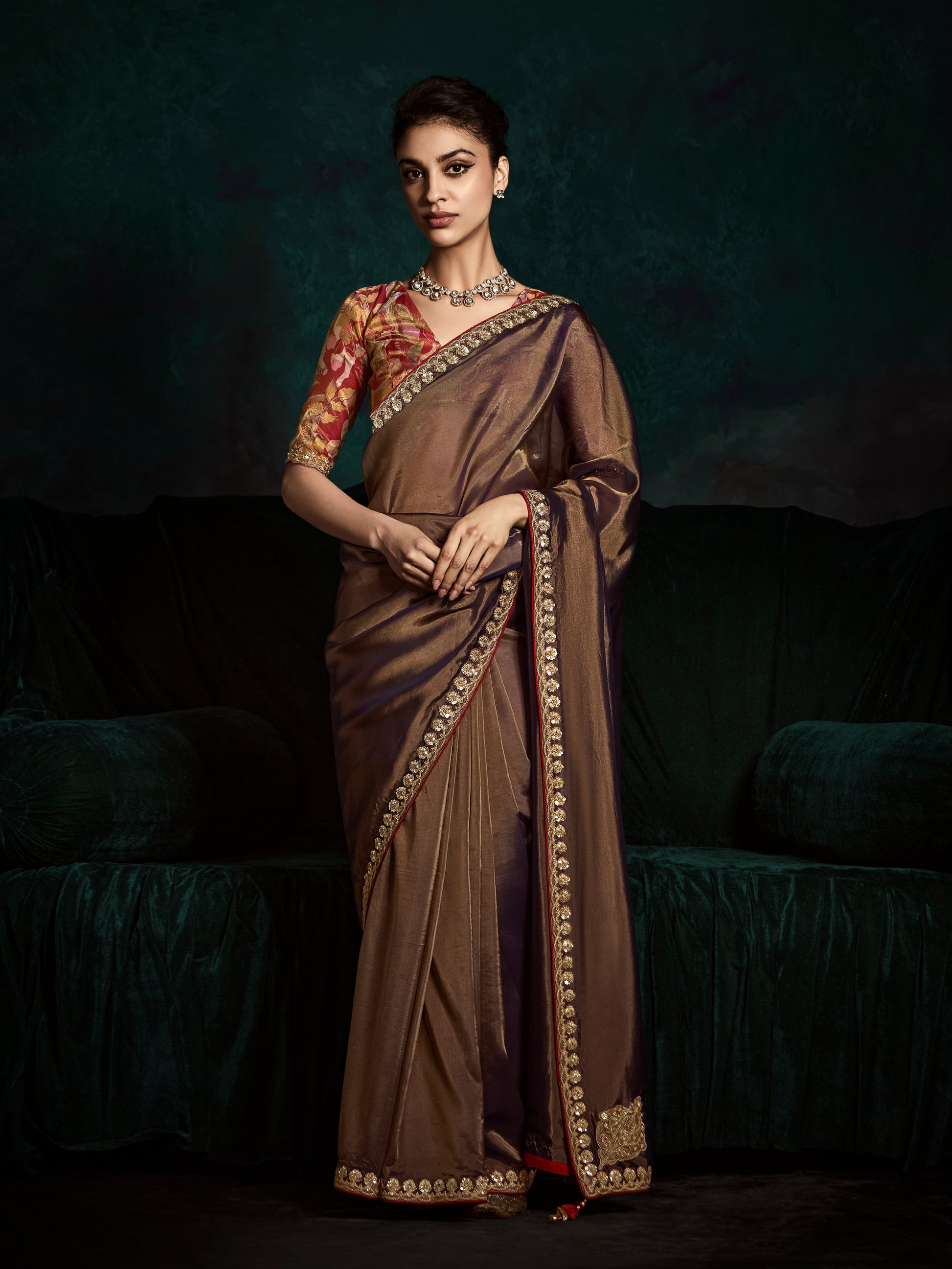 Brown Designer Saree with Sequin & Thread Embroidery