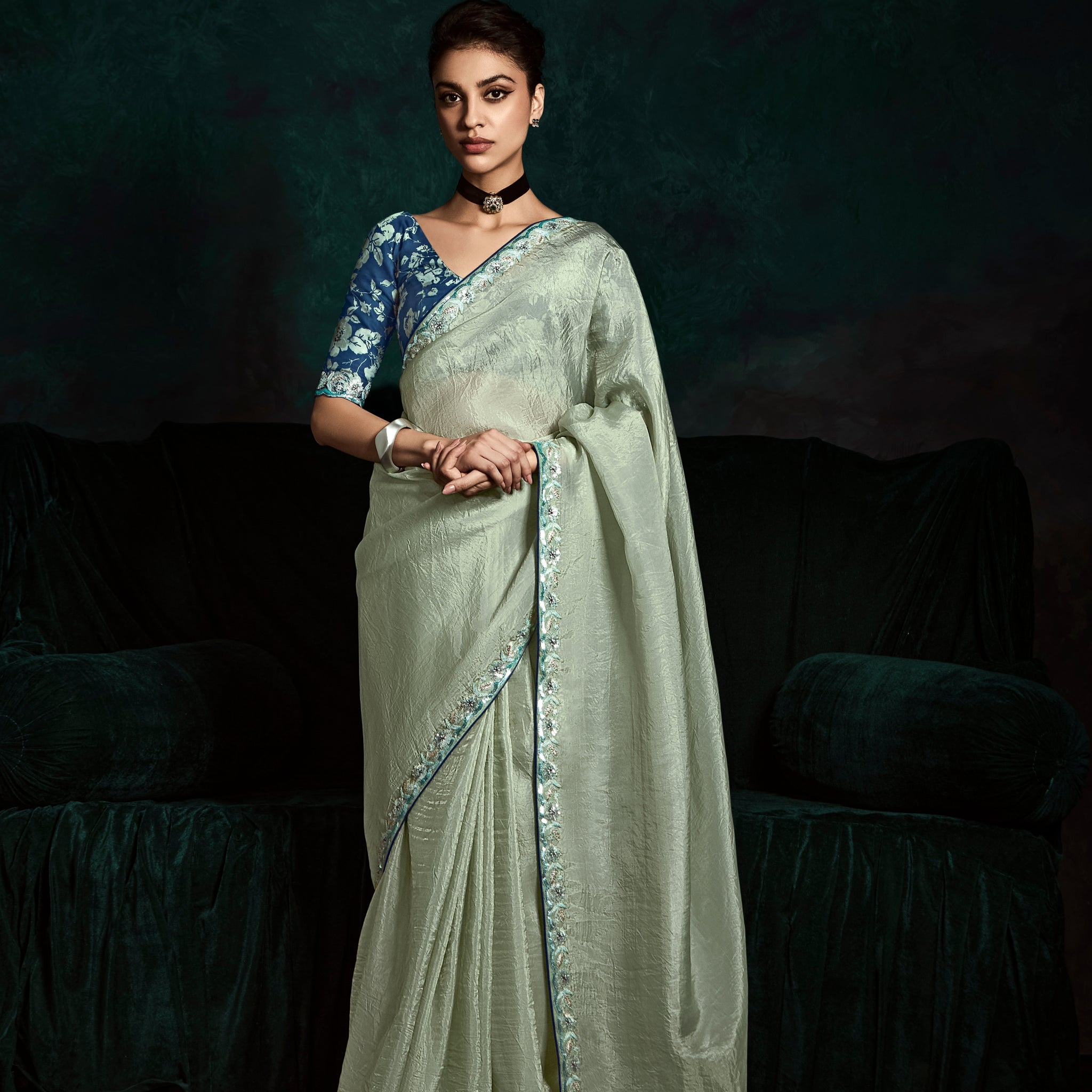 Light Mint Green Designer Saree with Sequin & Thread Work