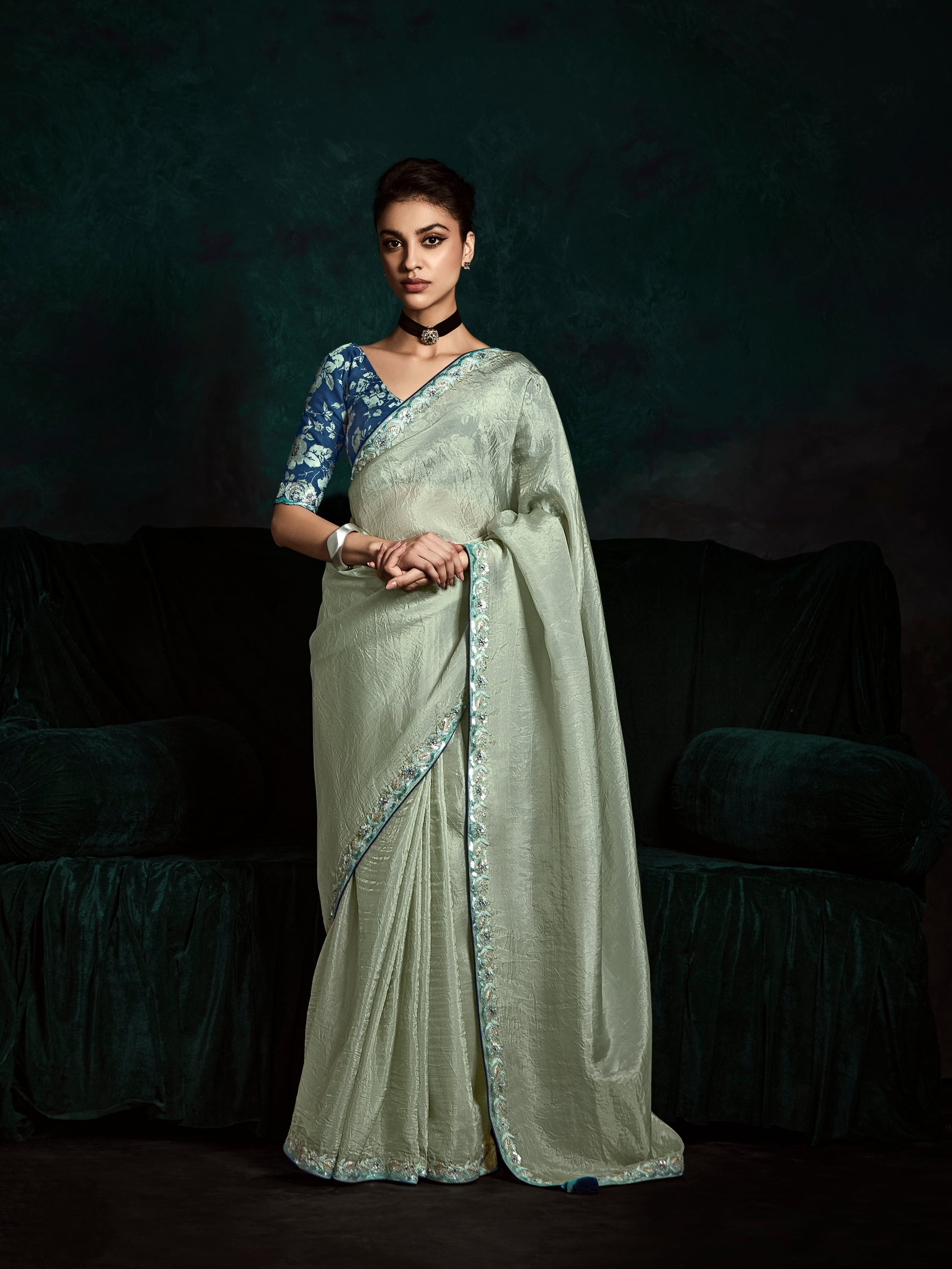 Light Mint Green Designer Saree with Sequin & Thread Work