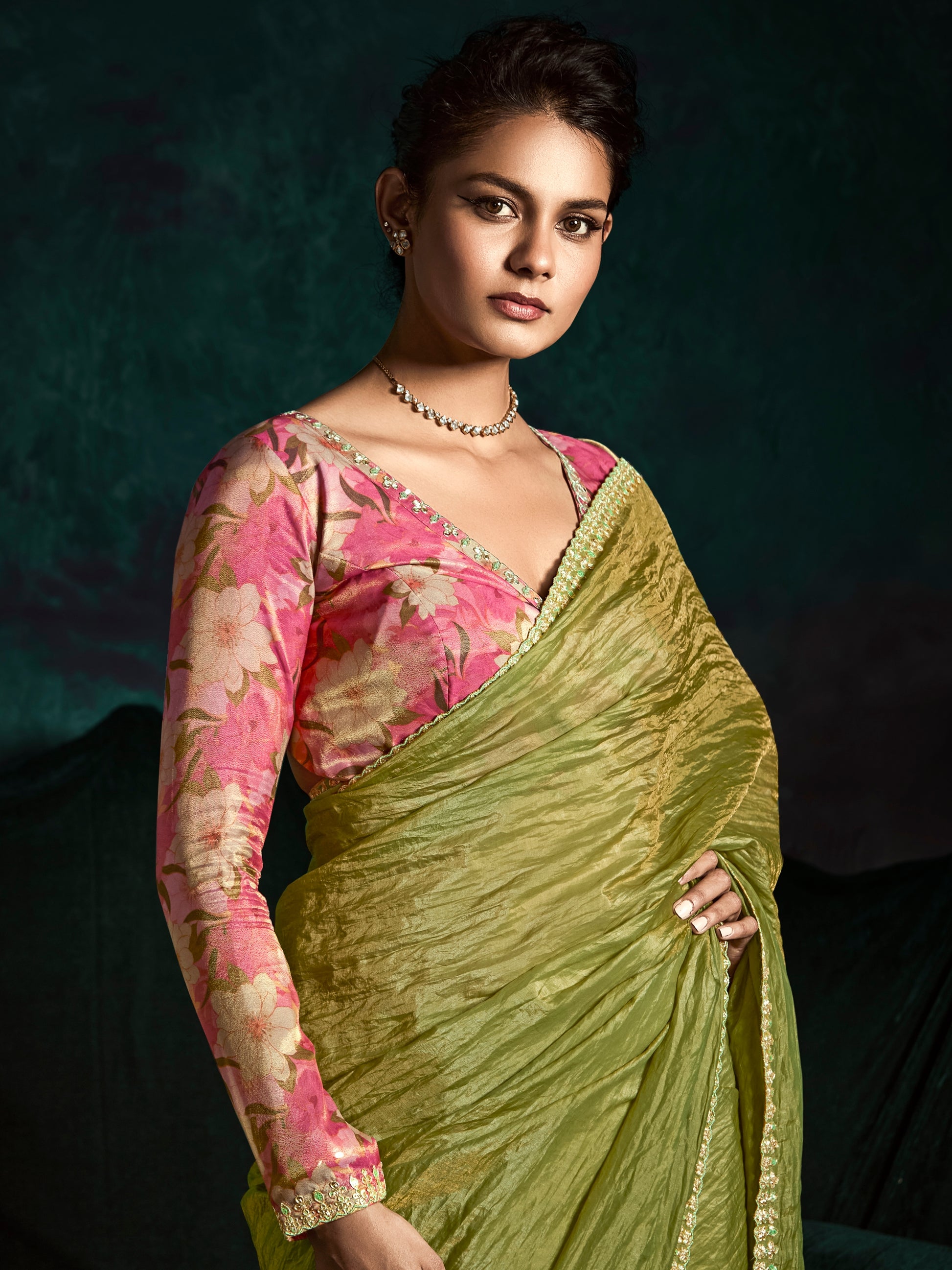 Olive Green Designer Saree with Sequin & Thread Embroidery