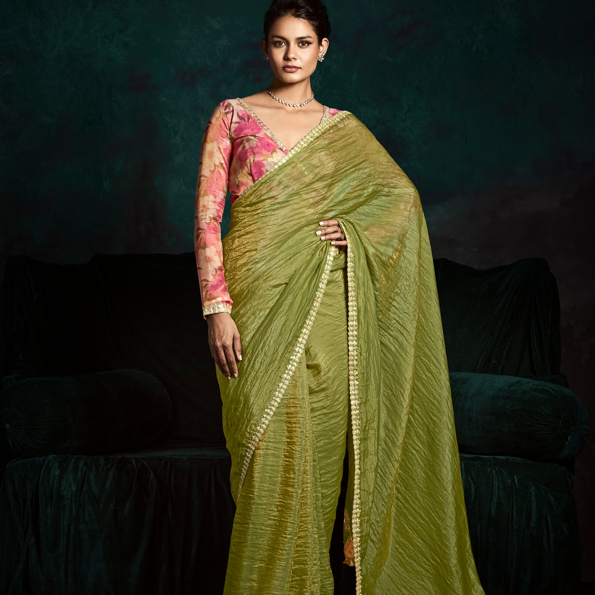 Olive Green Designer Saree with Sequin & Thread Embroidery