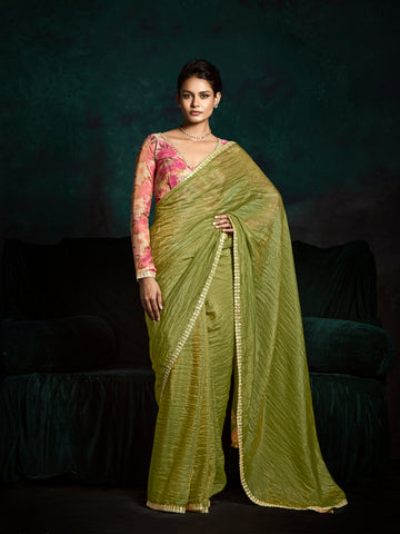 Olive Green Designer Saree with Sequin & Thread Embroidery