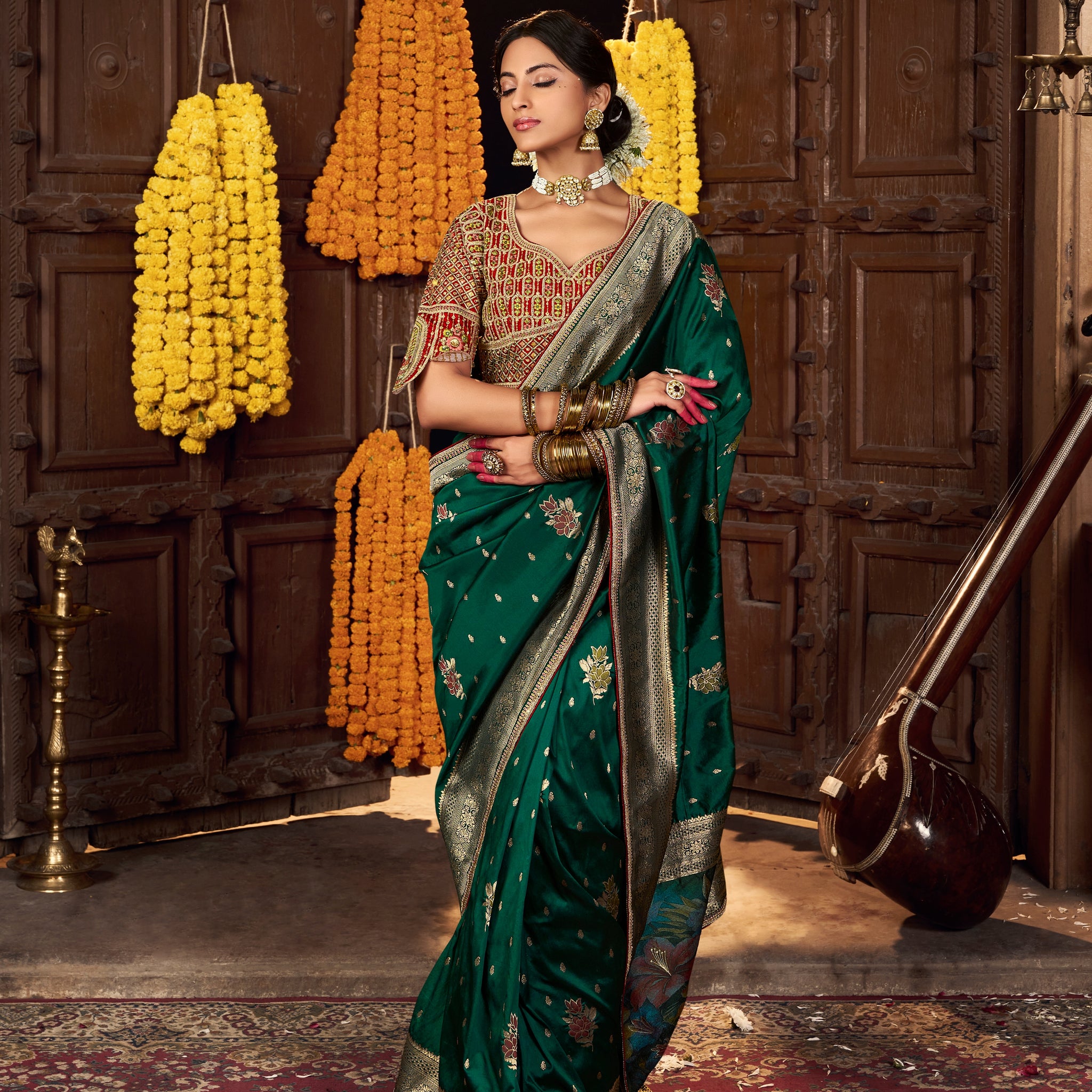 Green Banarasi Silk Saree with Antique Zari & Heavy Pallu