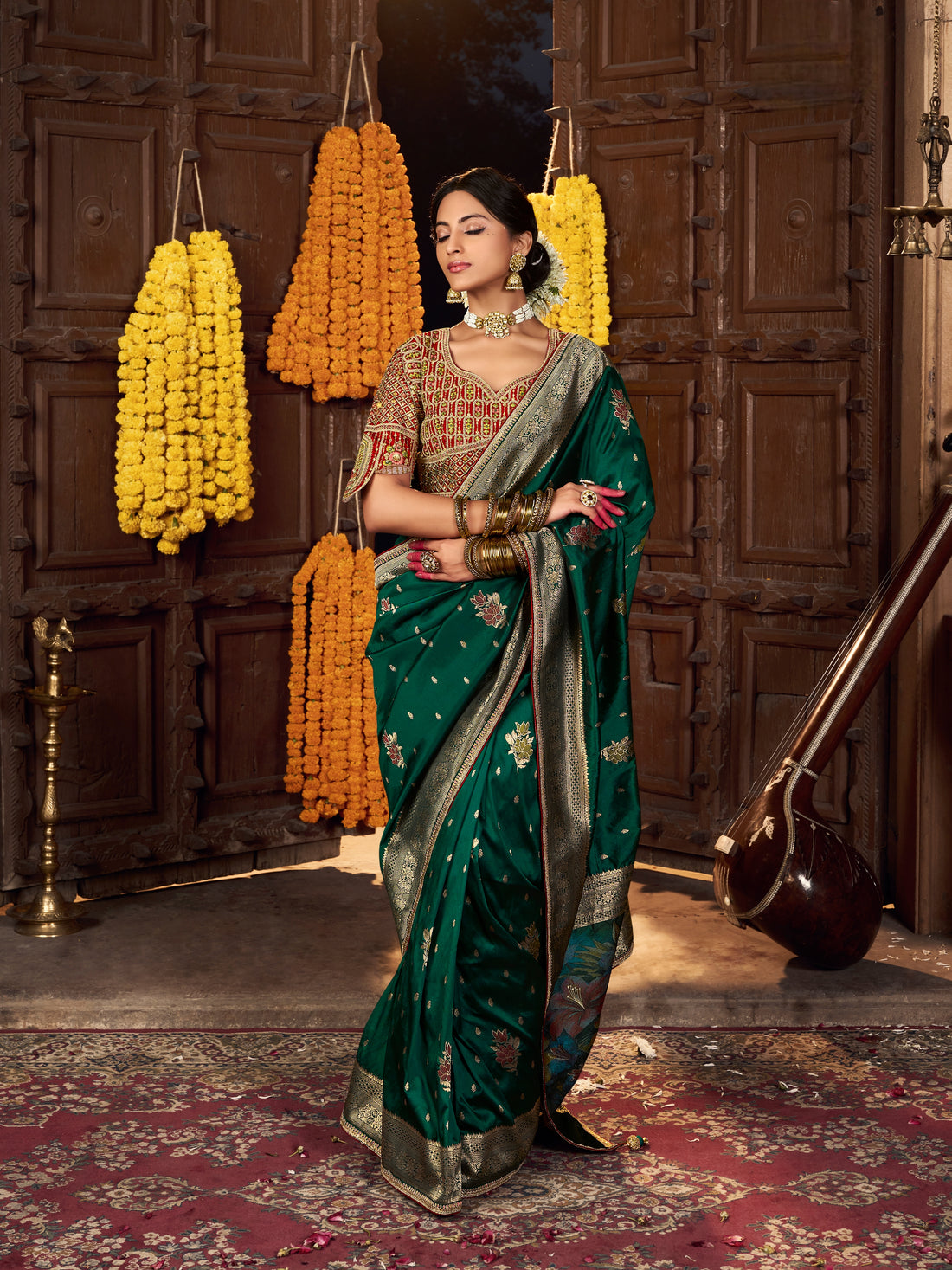 Green Banarasi Silk Saree with Antique Zari & Heavy Pallu