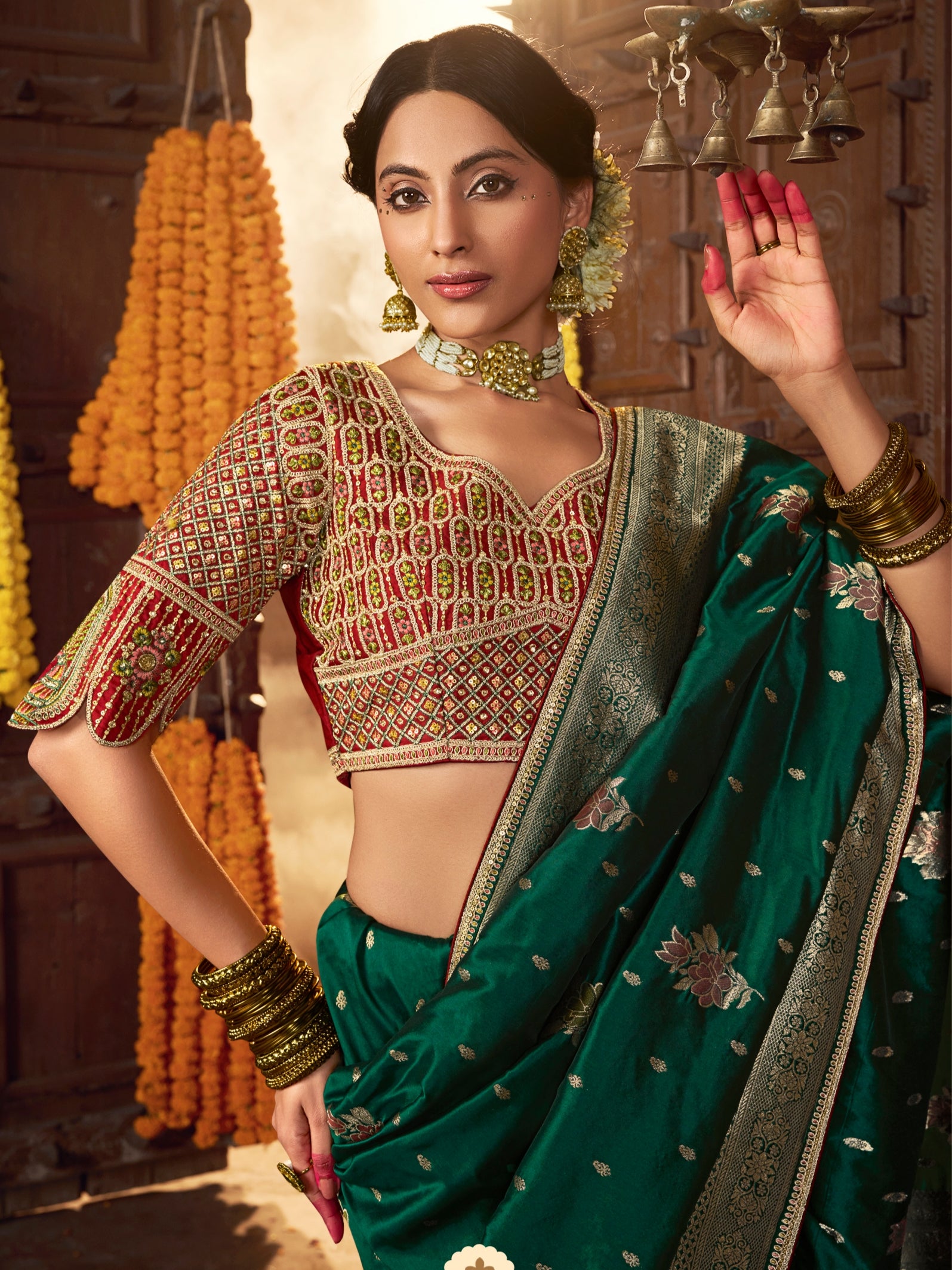 Green Banarasi Silk Saree with Antique Zari & Heavy Pallu