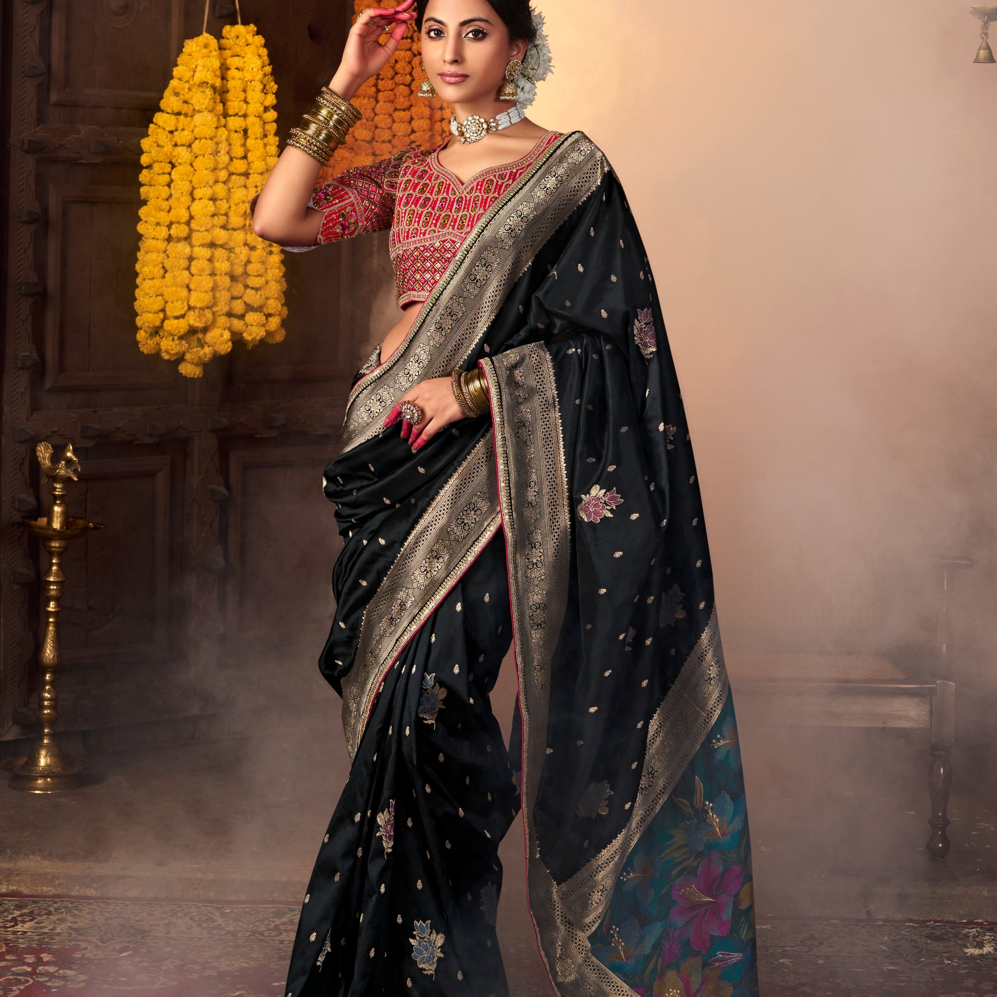 Black Banarasi Silk Saree with Golden Zari Weaving