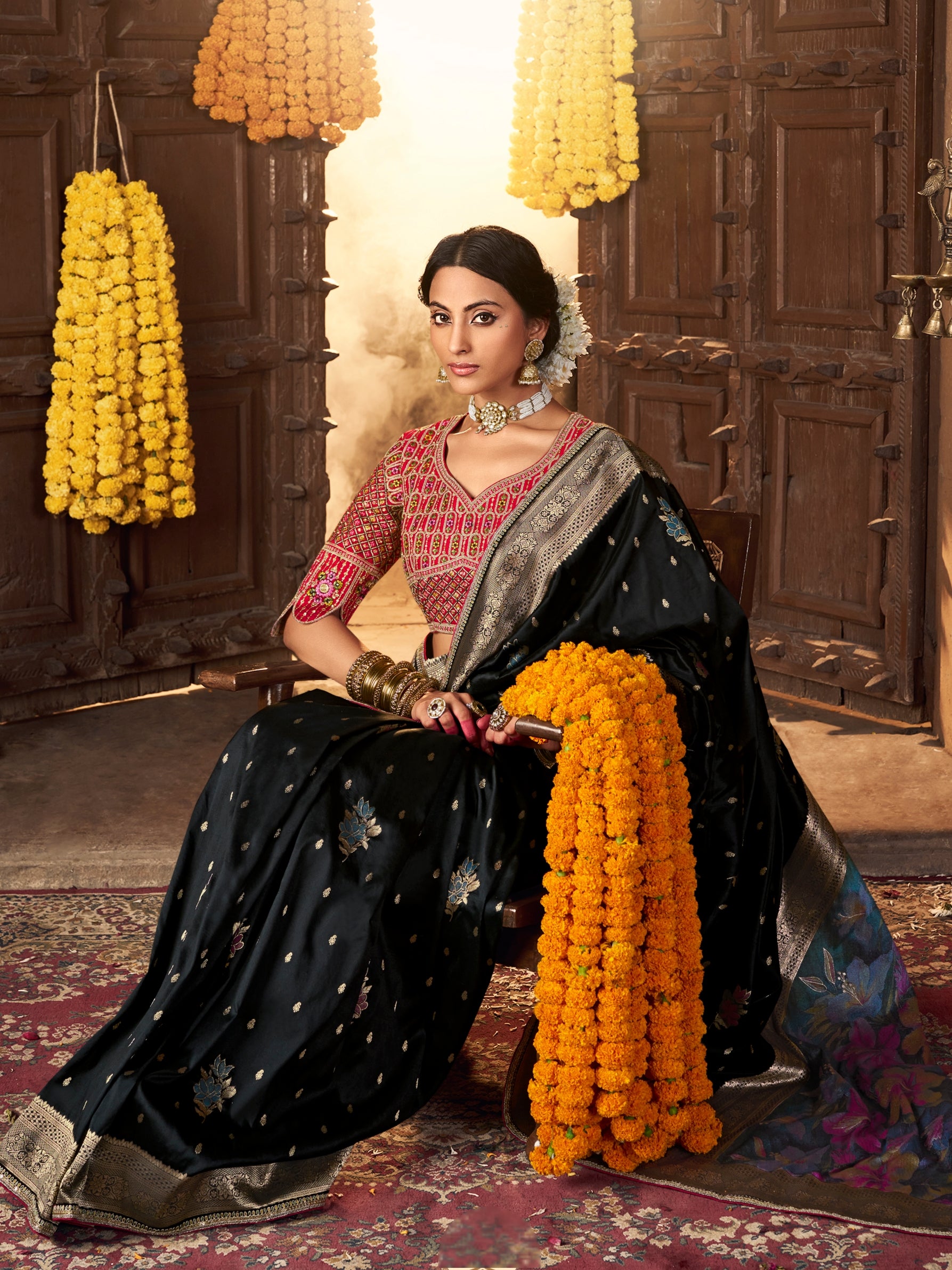 Black Banarasi Silk Saree with Golden Zari Weaving