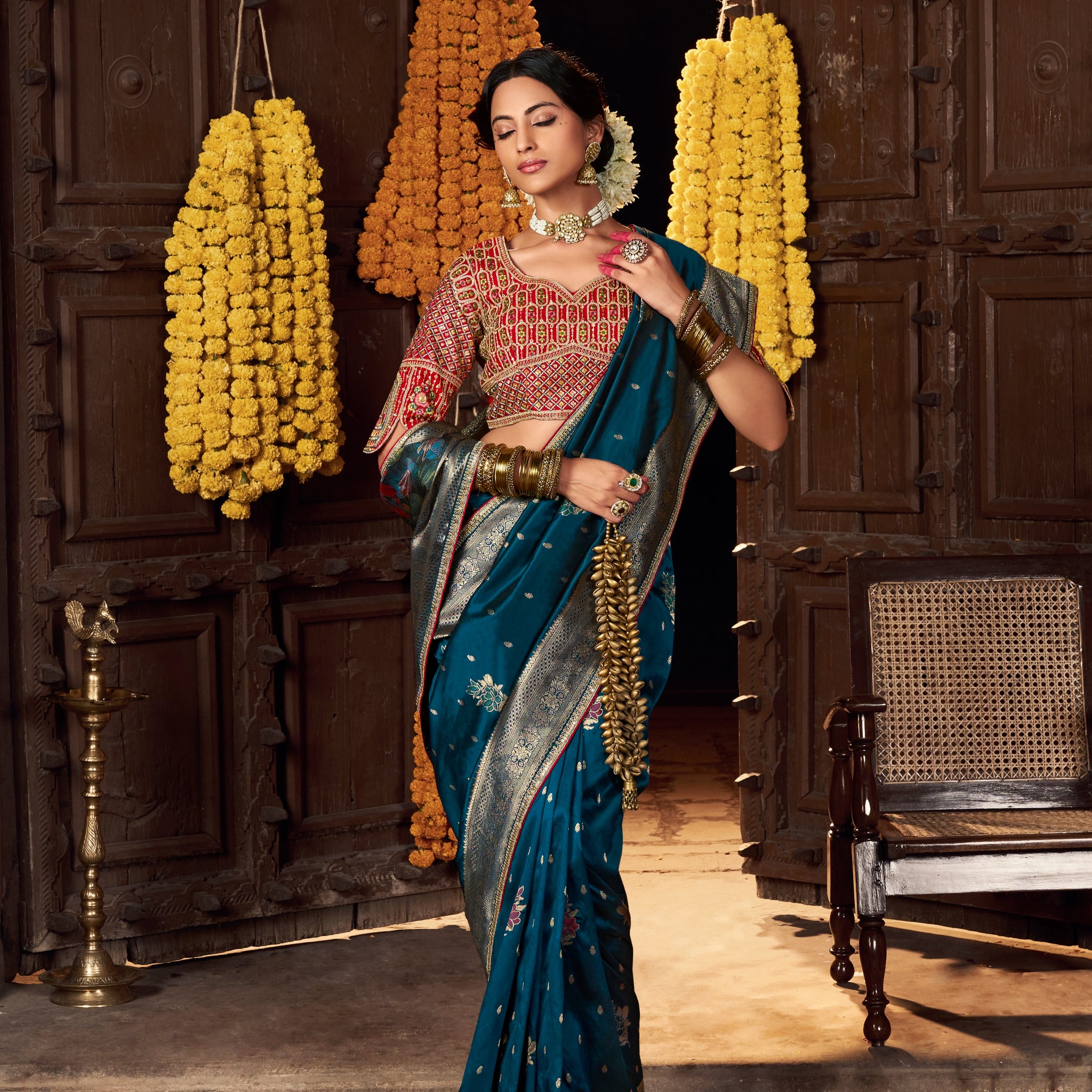 Teal Blue Banarasi Silk Saree with Heavy Gold Weaving