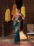 Teal Blue Banarasi Silk Saree with Heavy Gold Weaving