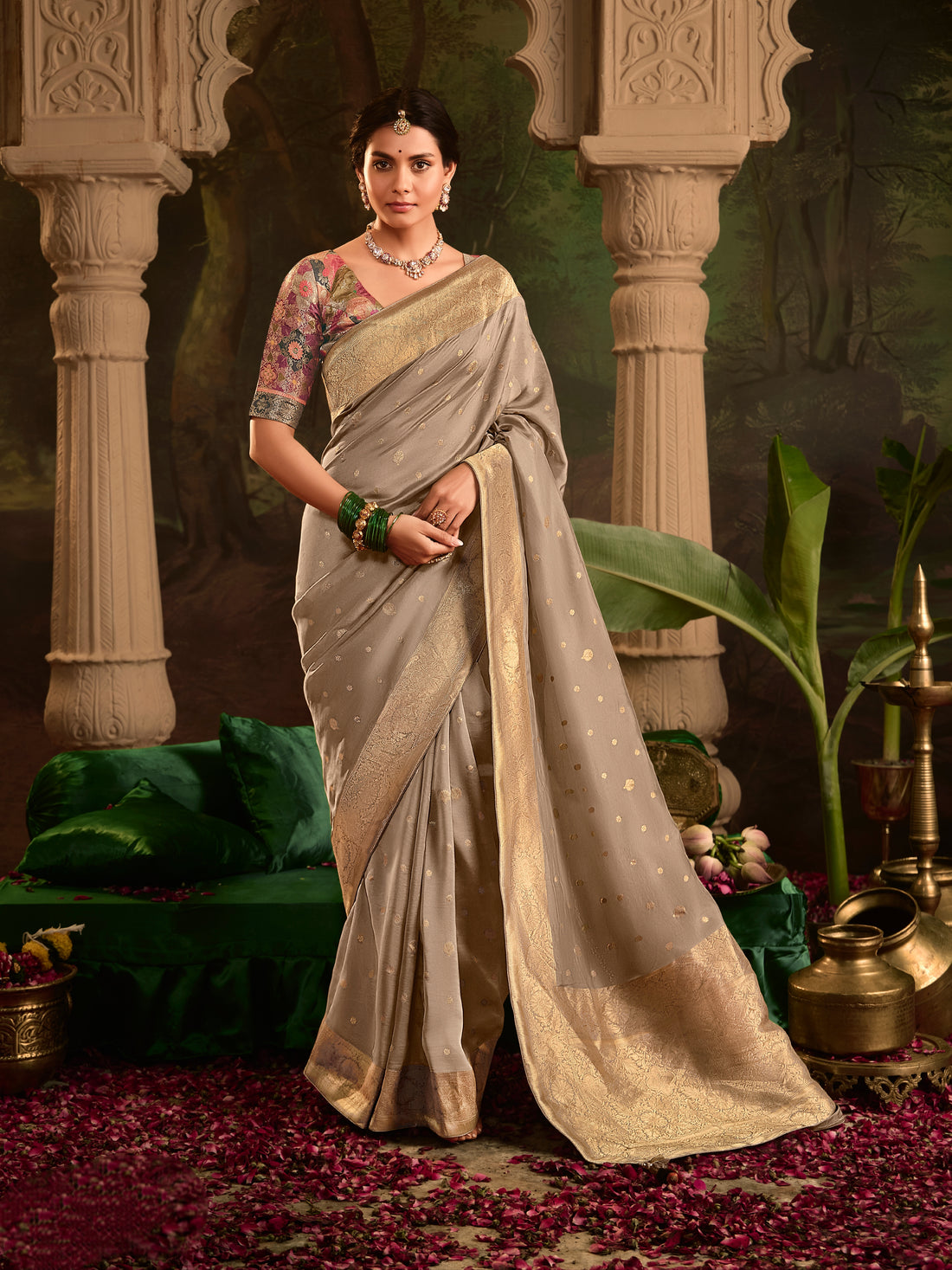 Beige Crepe Dola Silk Designer Saree with Heavy Zari Weaving