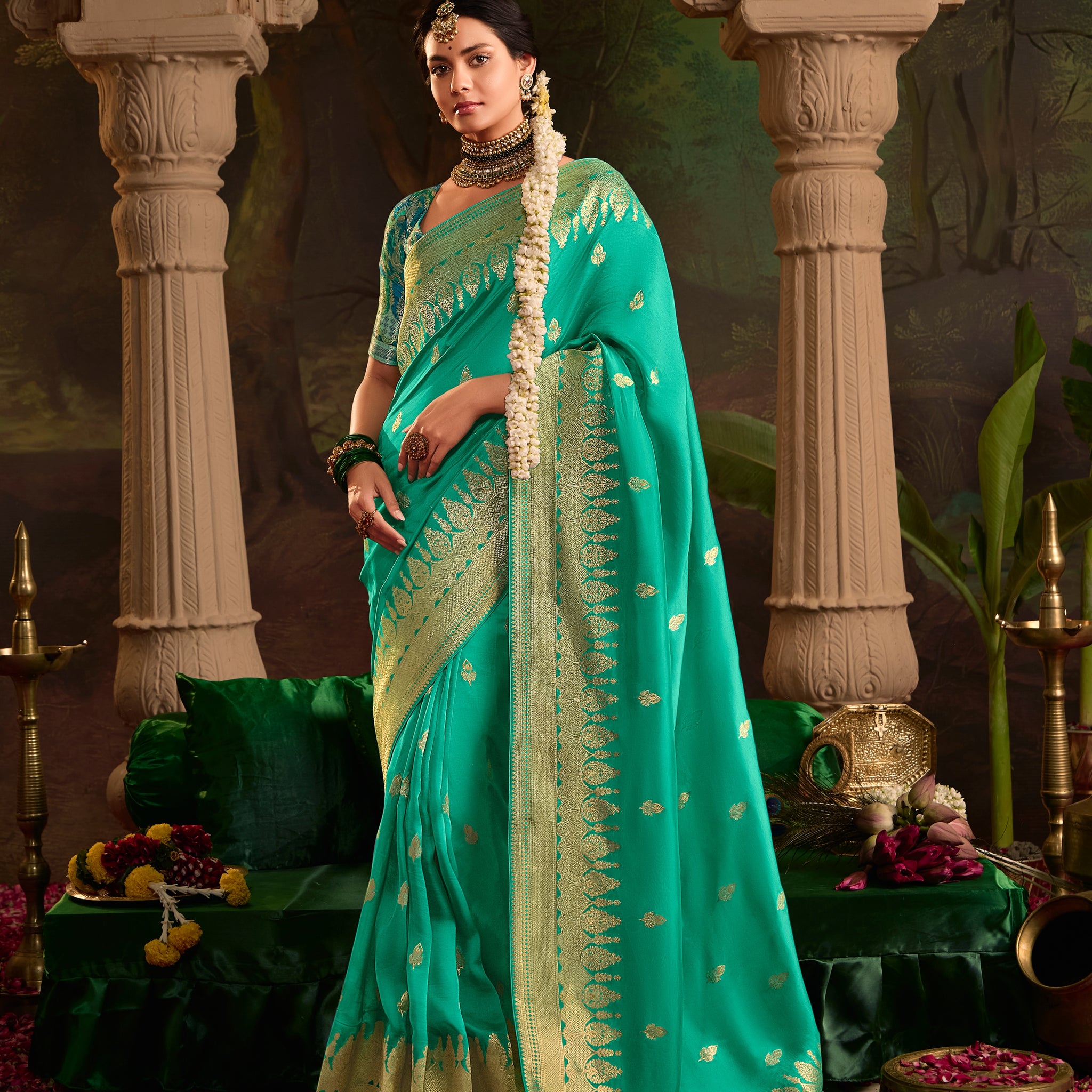 Aqua Blue Crepe Dola Silk Designer Saree with Heavy Zari Weaving