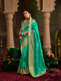 Aqua Blue Crepe Dola Silk Designer Saree with Heavy Zari Weaving