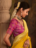 Yellow Crepe Dola Silk Designer Saree with Zari Butta & Tassel Pallu