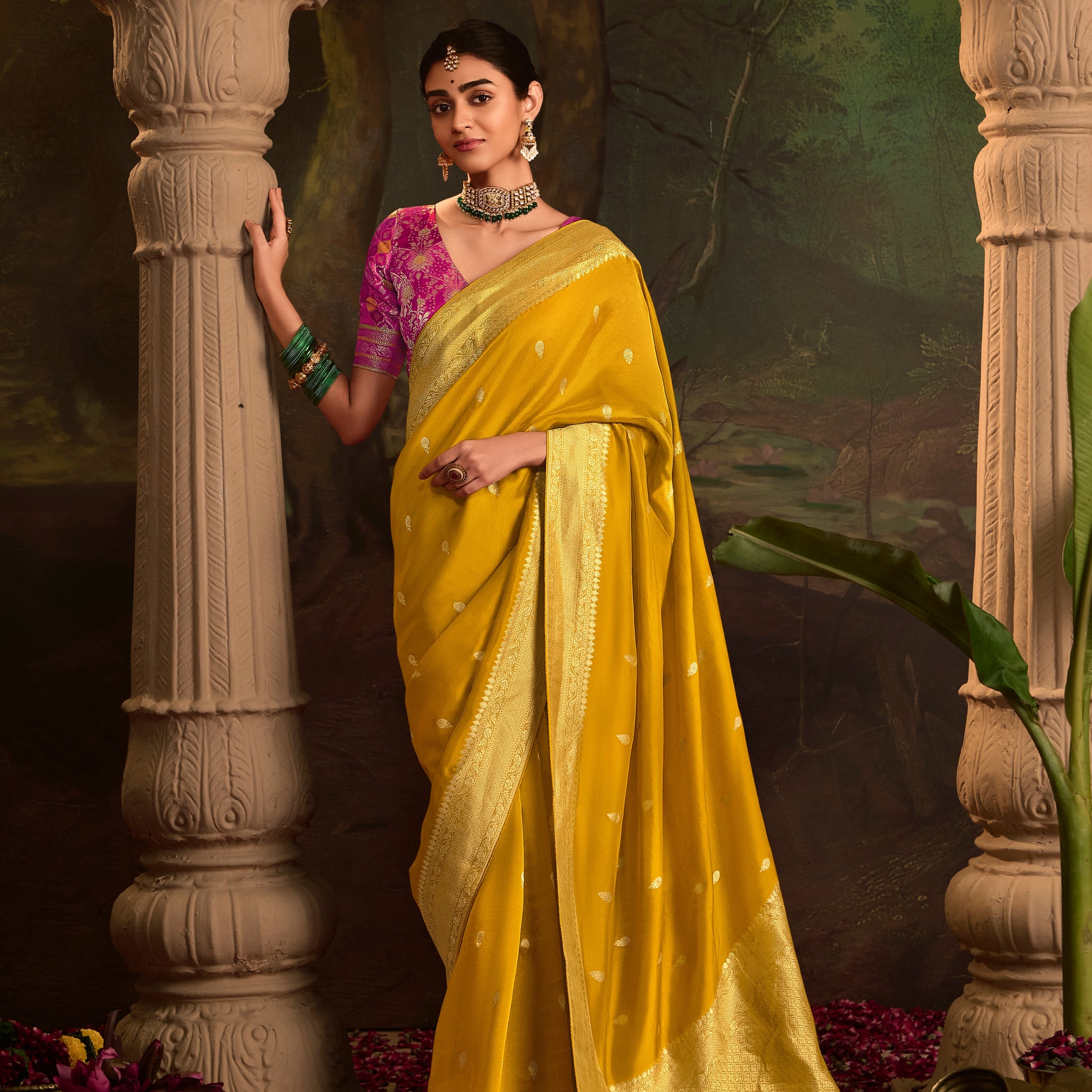 Yellow Crepe Dola Silk Designer Saree with Zari Butta & Tassel Pallu