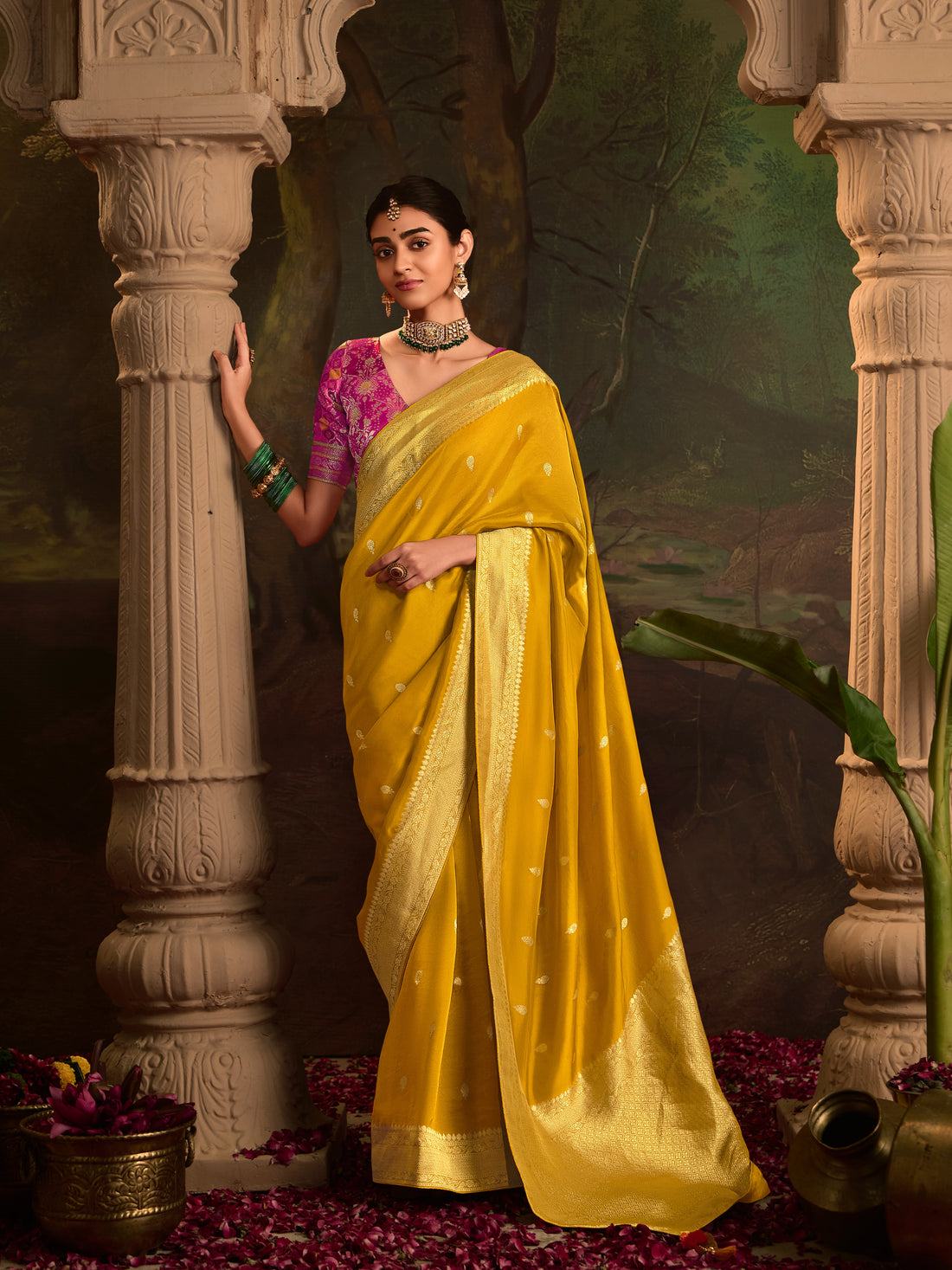 Yellow Crepe Dola Silk Designer Saree with Zari Butta & Tassel Pallu