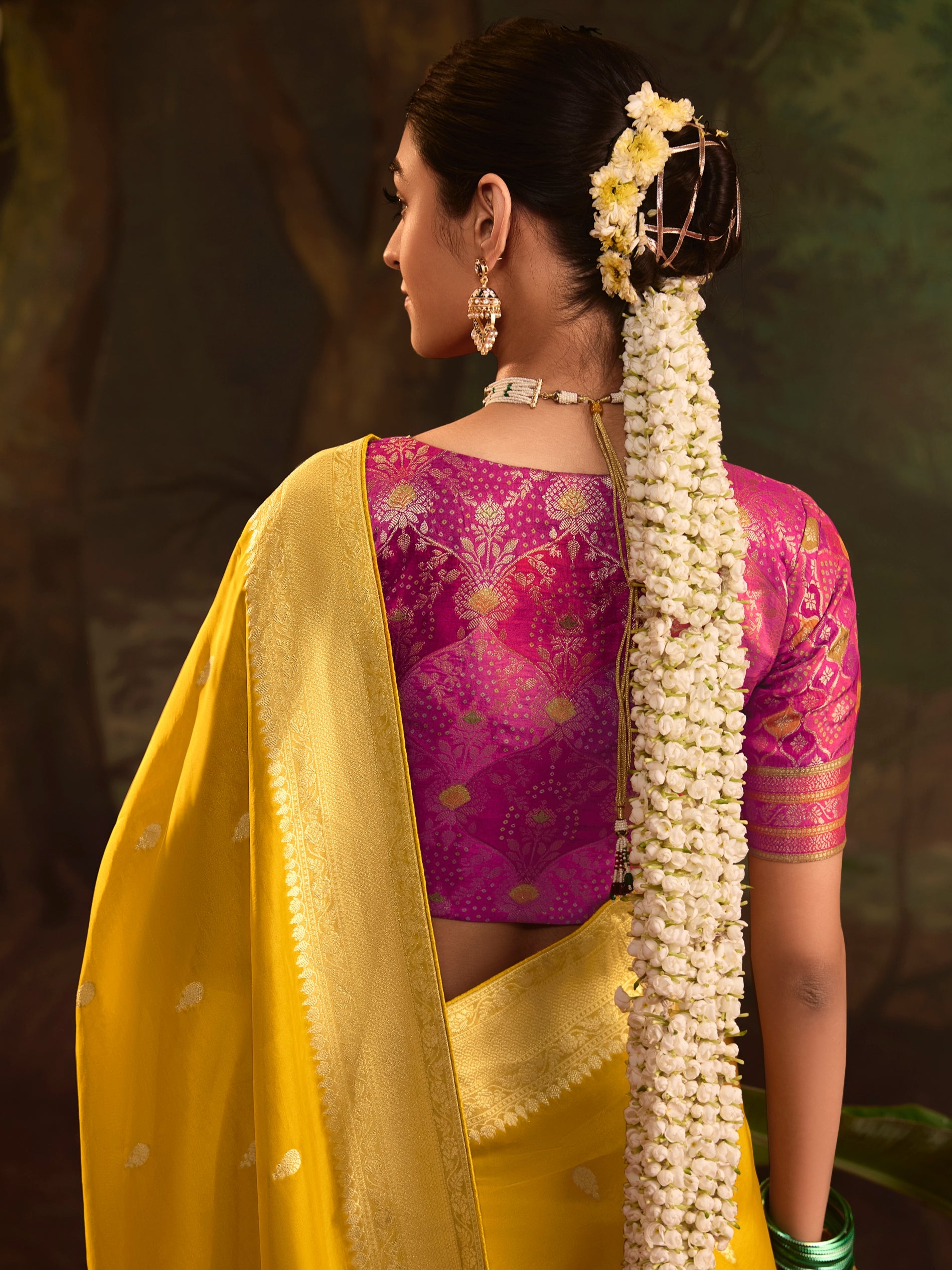 Yellow Crepe Dola Silk Designer Saree with Zari Butta & Tassel Pallu