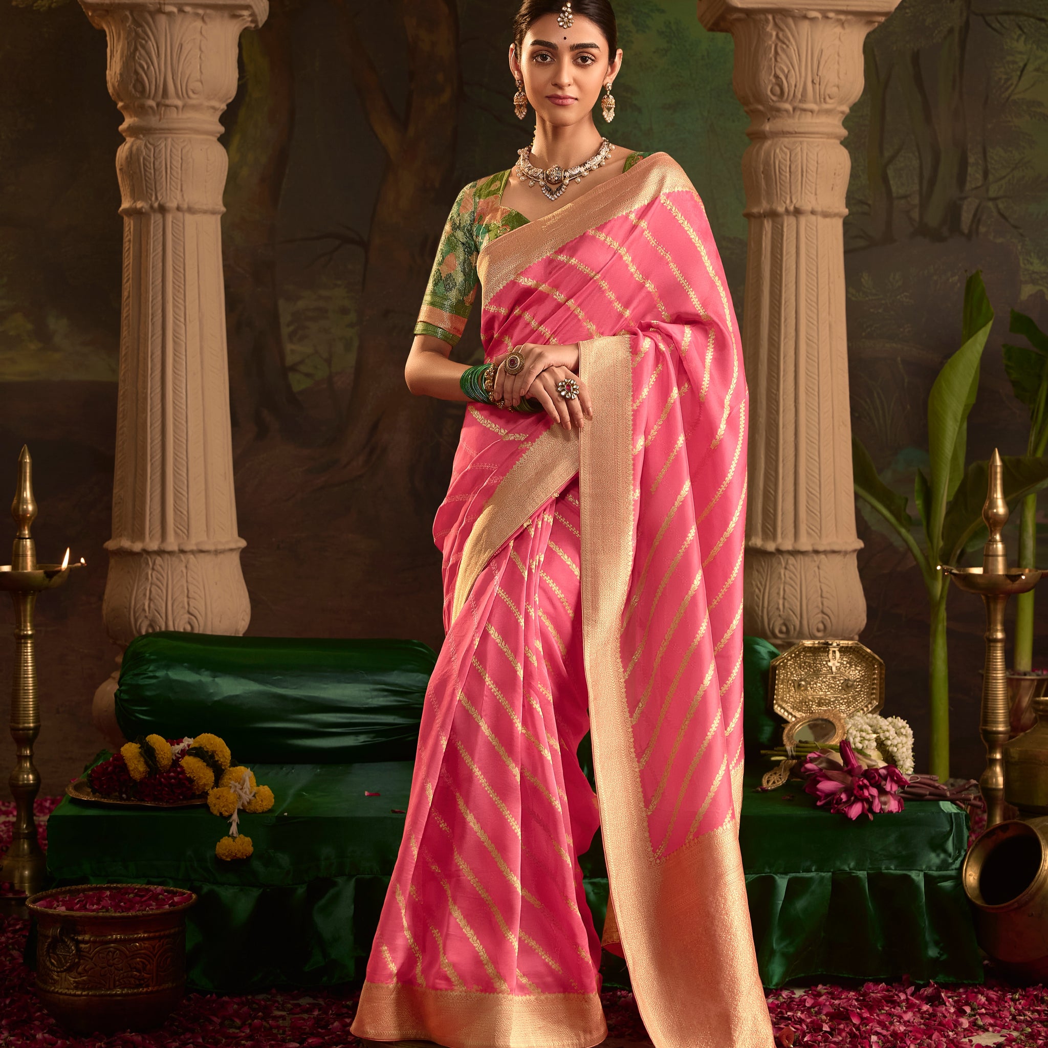 Hot Pink Crepe Dola Silk Designer Saree with Golden Zari Weaving