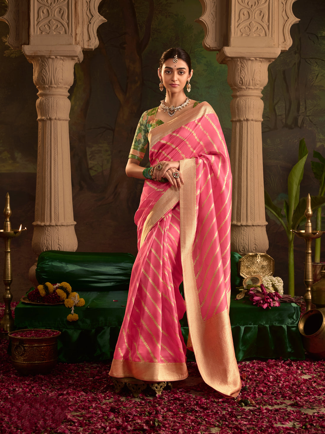 Hot Pink Crepe Dola Silk Designer Saree with Golden Zari Weaving