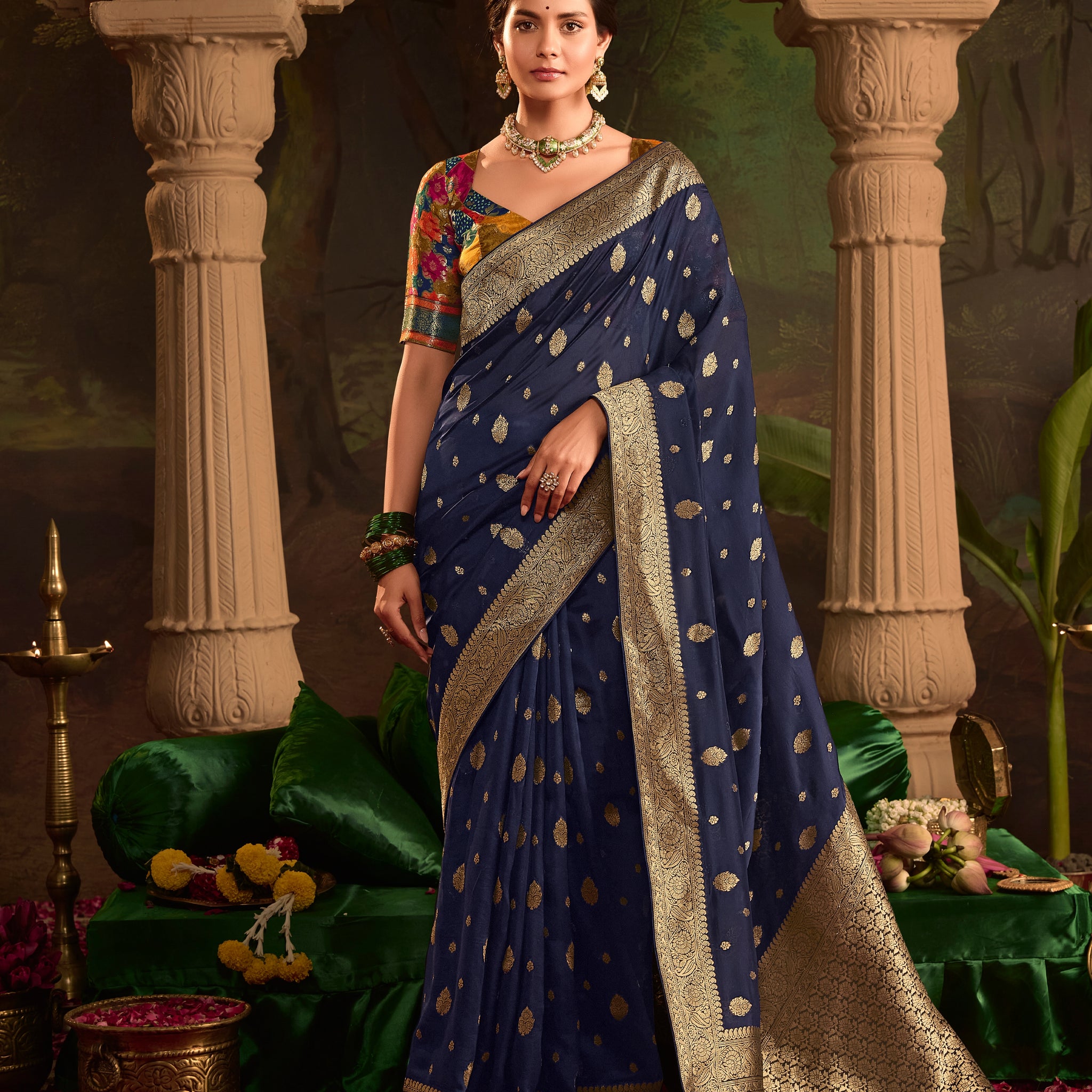 Navy Blue Crepe Dola Silk Designer Saree with Zari Weaving