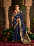 Navy Blue Crepe Dola Silk Designer Saree with Zari Weaving