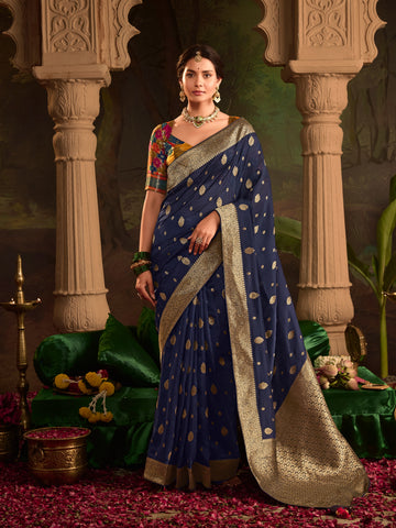 Navy Blue Crepe Dola Silk Designer Saree with Zari Weaving