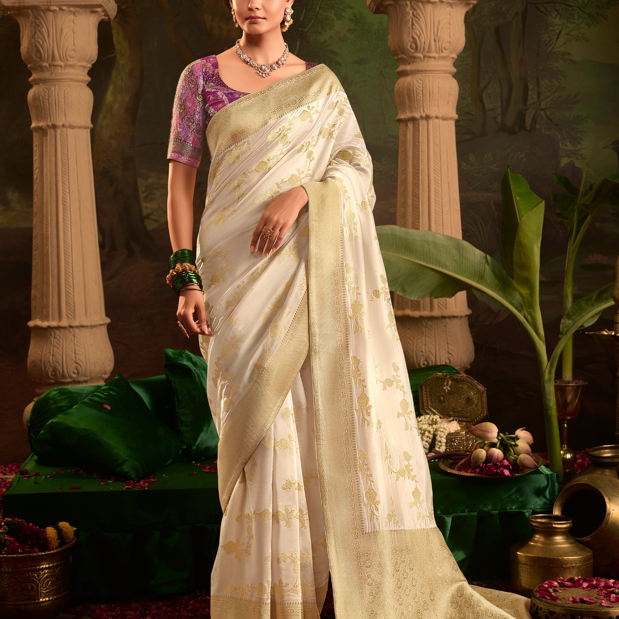 Off-White Crepe Dola Silk Designer Saree with Zari Work