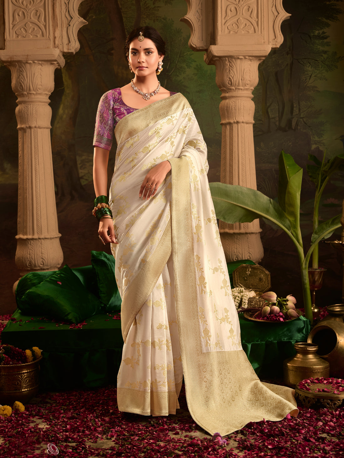 Off-White Crepe Dola Silk Designer Saree with Zari Work