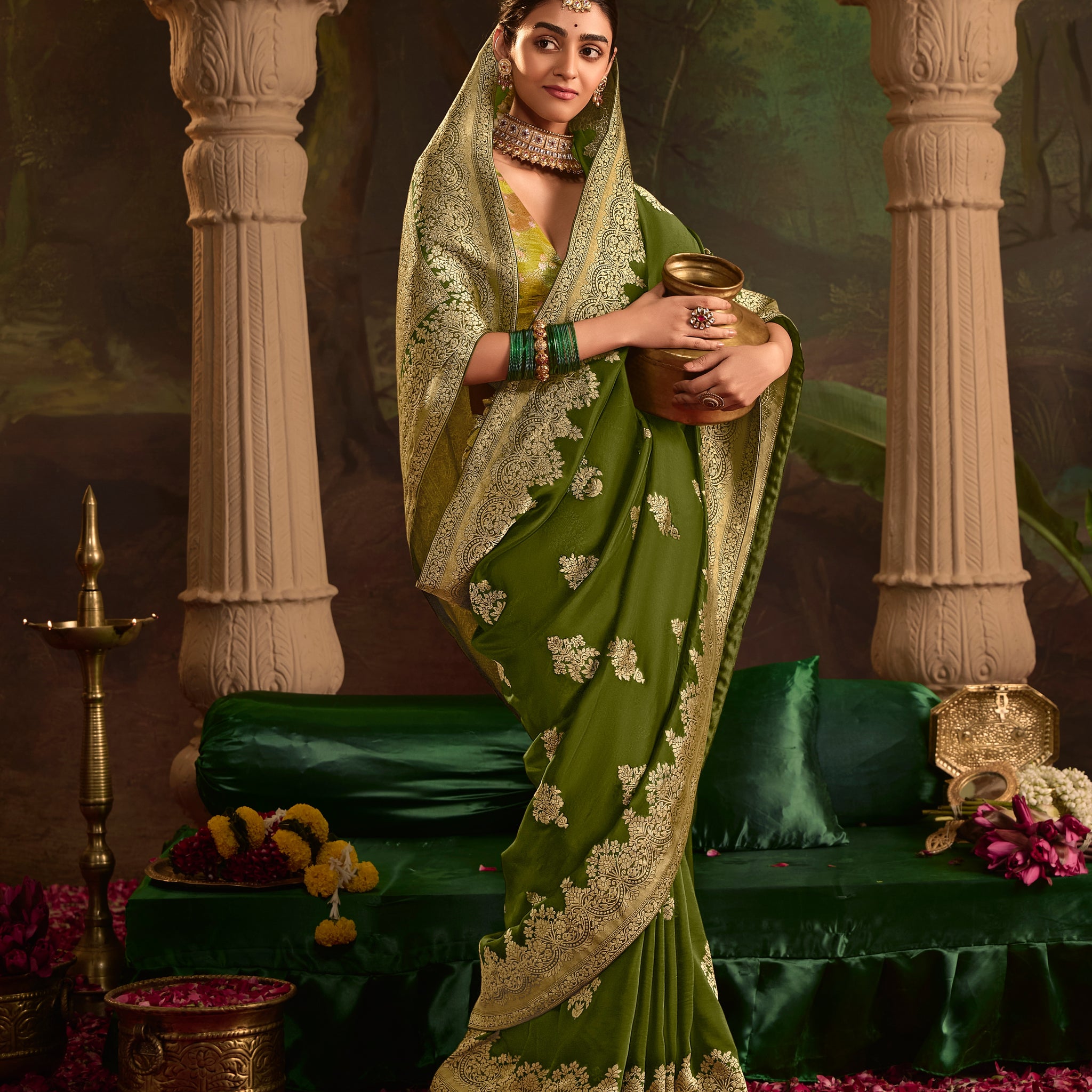 Green Crepe Dola Silk Designer Saree with Zari Weaving