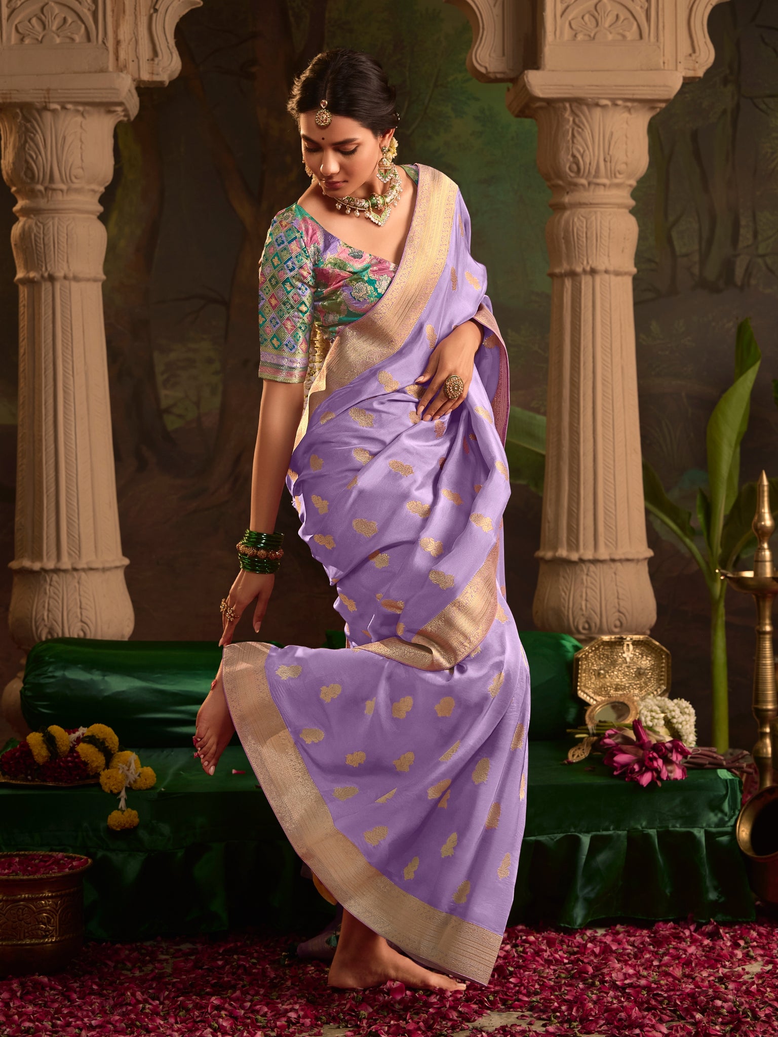 Lavender Crepe Dola Silk Designer Saree with Zari Weaving