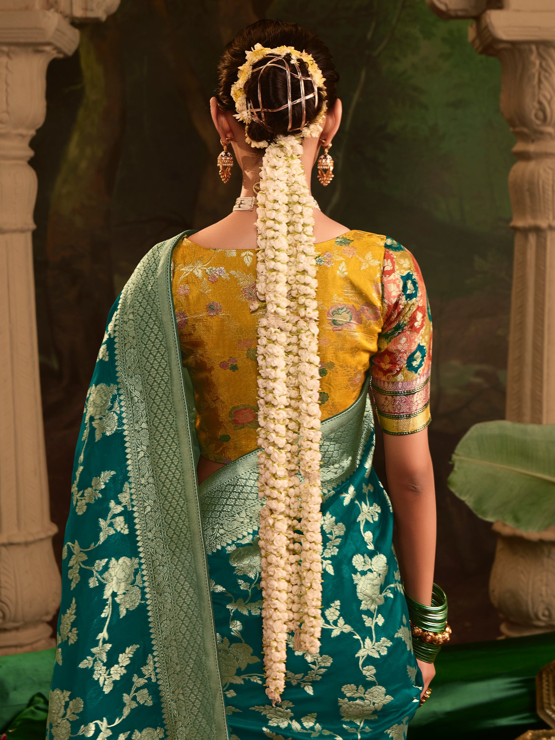 Teal Green Crepe Dola Silk Designer Saree with Zari Weaving