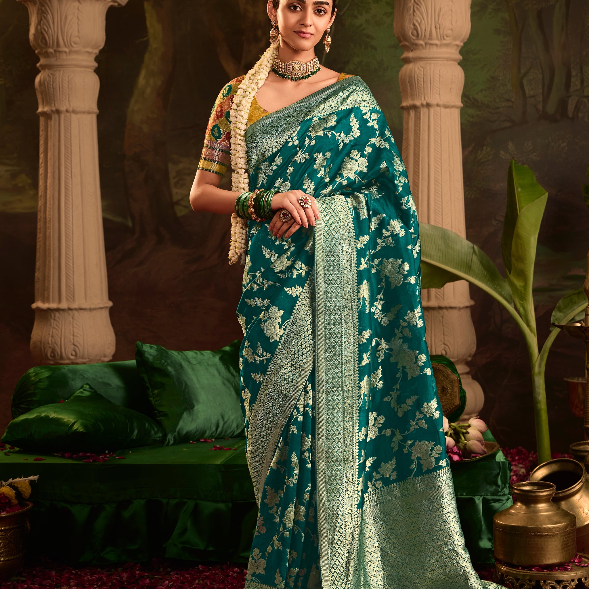 Teal Green Crepe Dola Silk Designer Saree with Zari Weaving