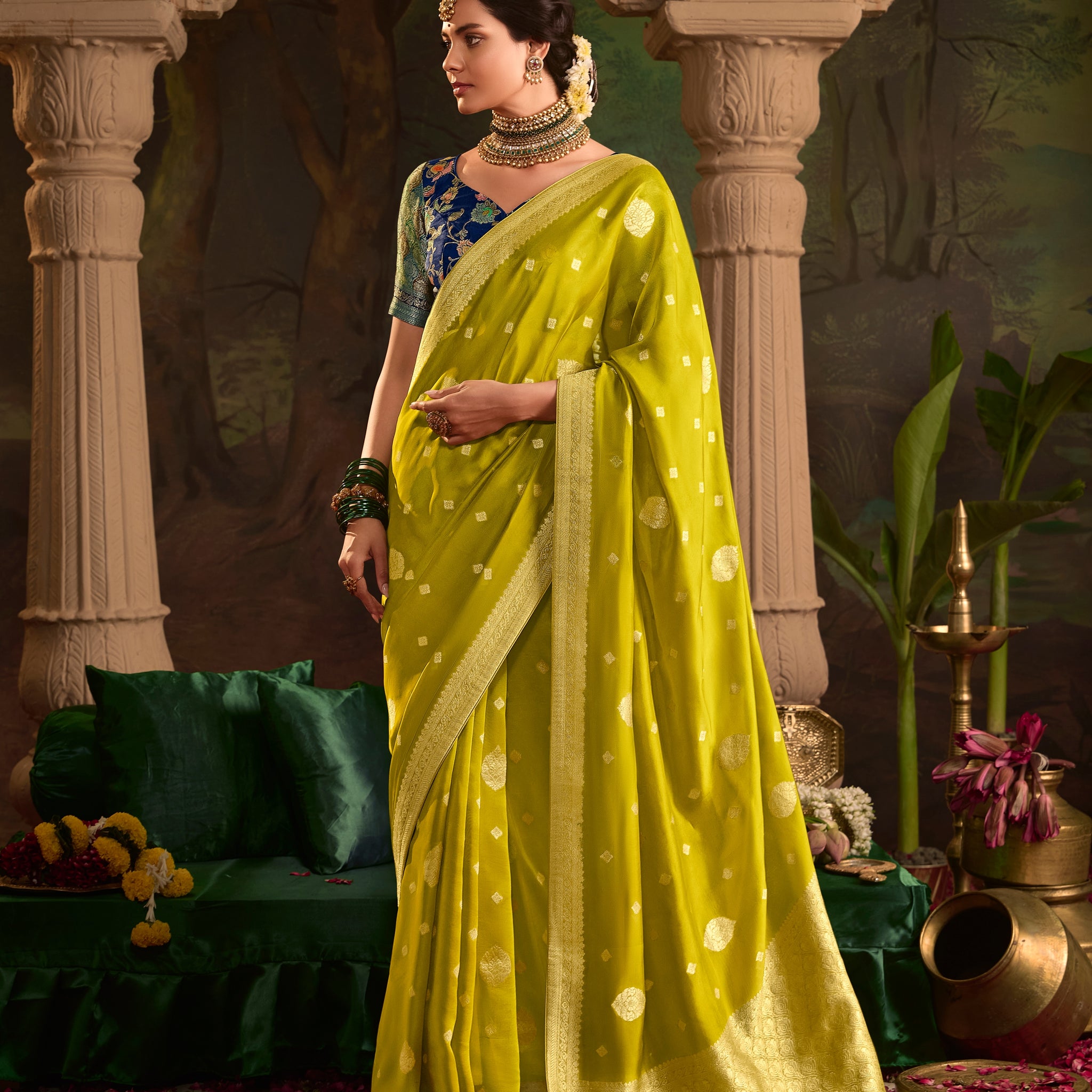 Lime Green Crepe Dola Silk Designer Saree with Zari Weaving