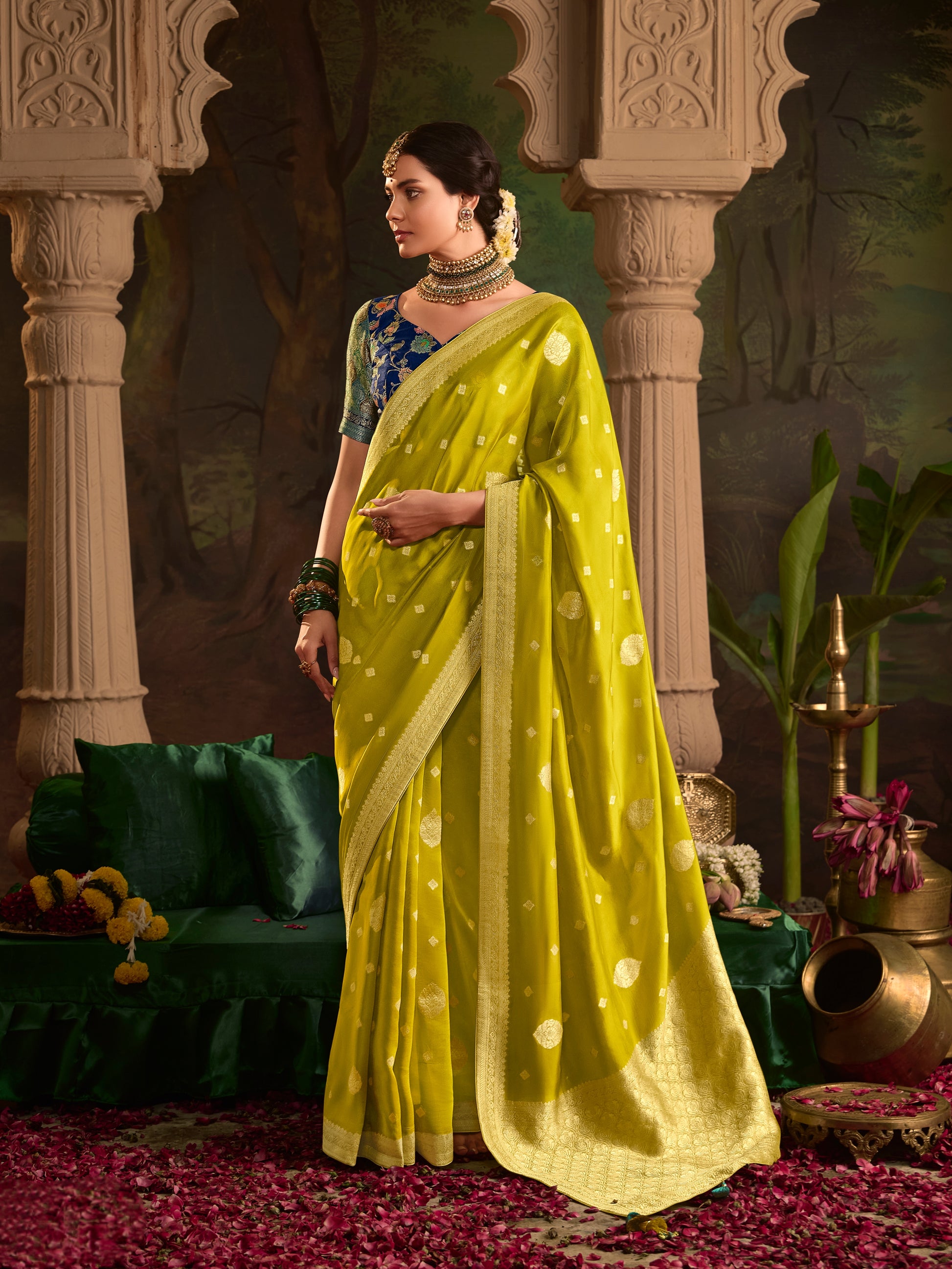 Lime Green Crepe Dola Silk Designer Saree with Zari Weaving