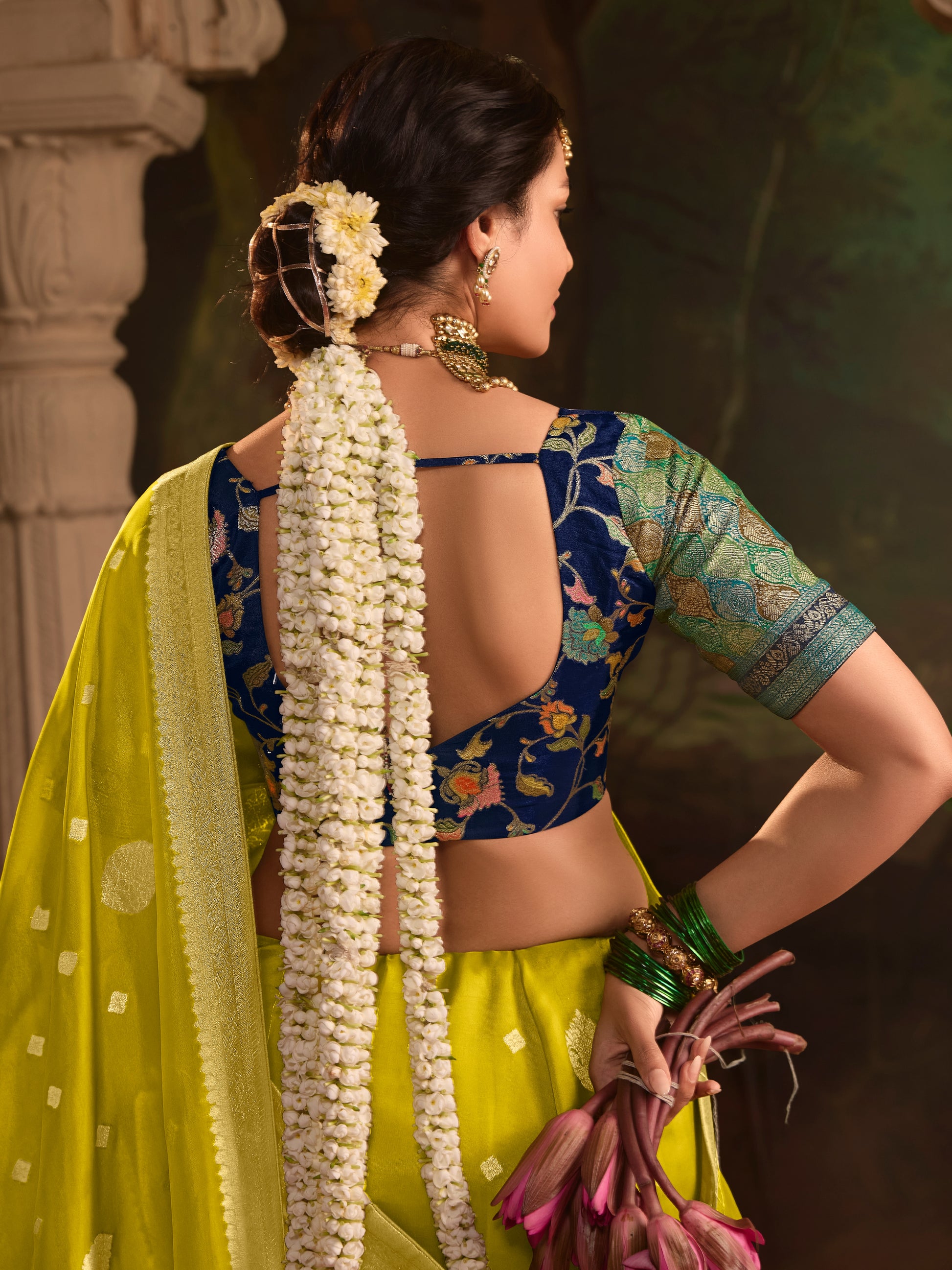 Lime Green Crepe Dola Silk Designer Saree with Zari Weaving