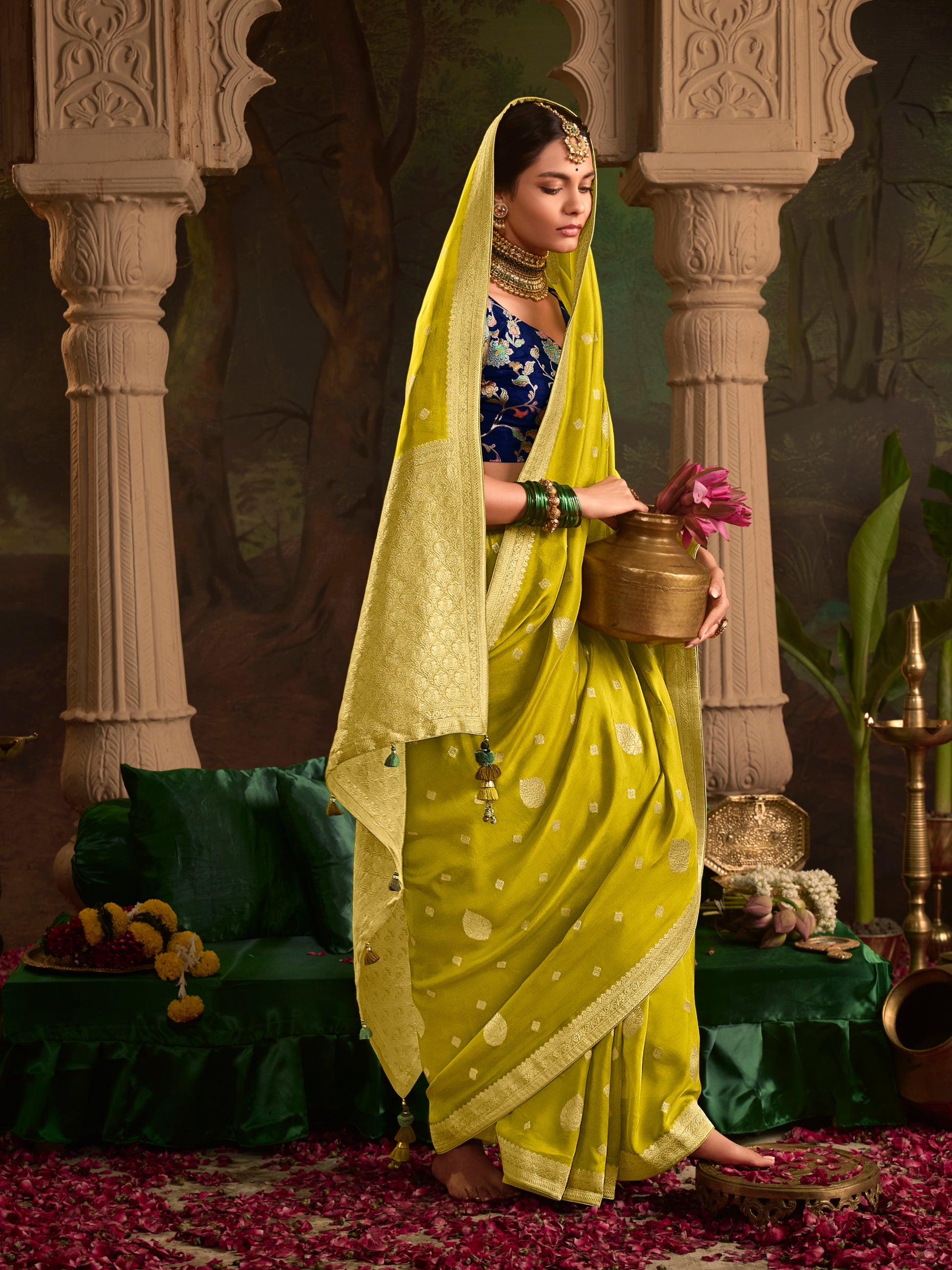 Lime Green Crepe Dola Silk Designer Saree with Zari Weaving