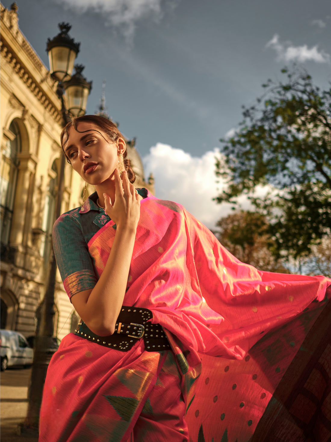 Coral Pink Kanchipuram Silk Saree with Gold Zari Temple Border