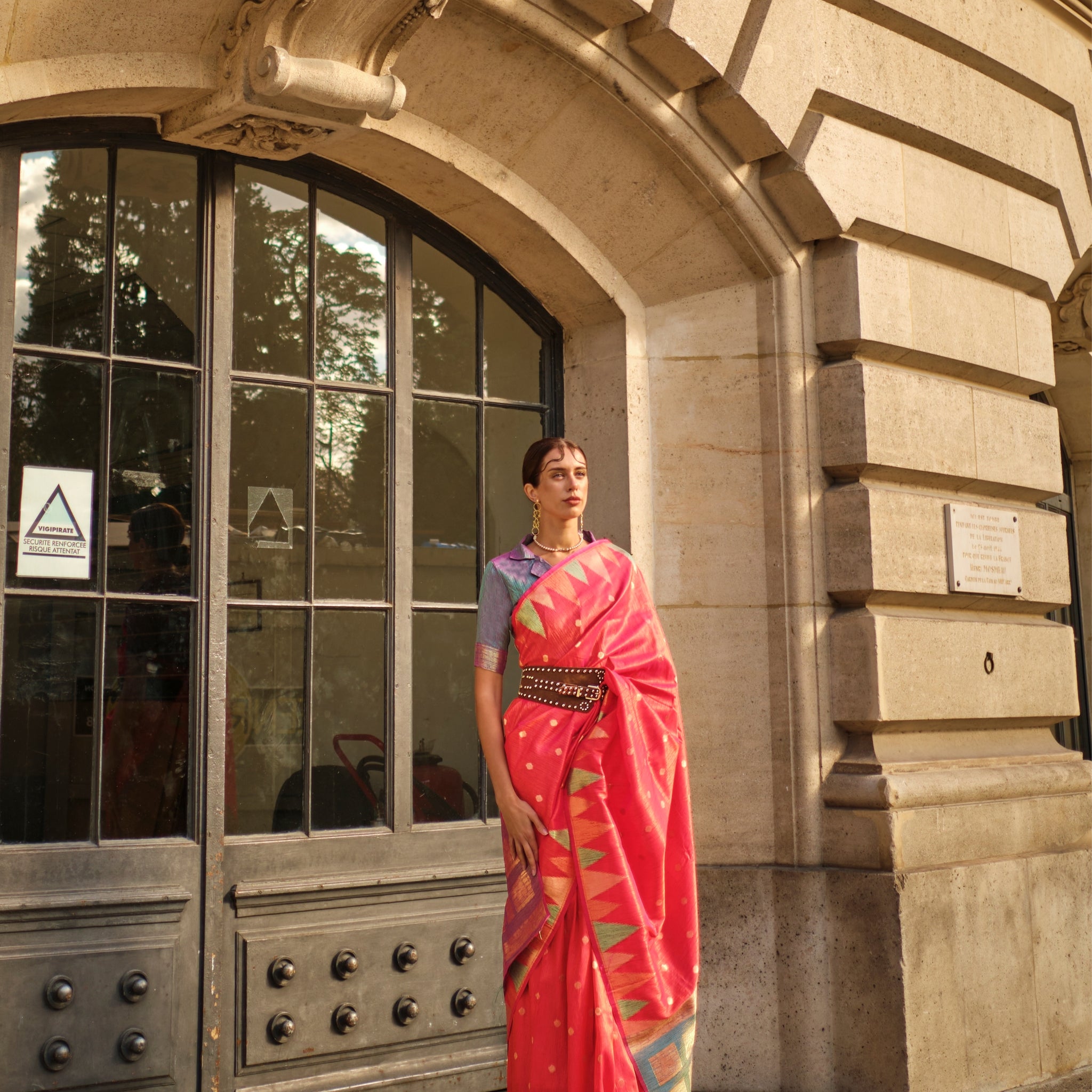 Coral Pink Kanchipuram Silk Saree with Gold Zari Temple Border