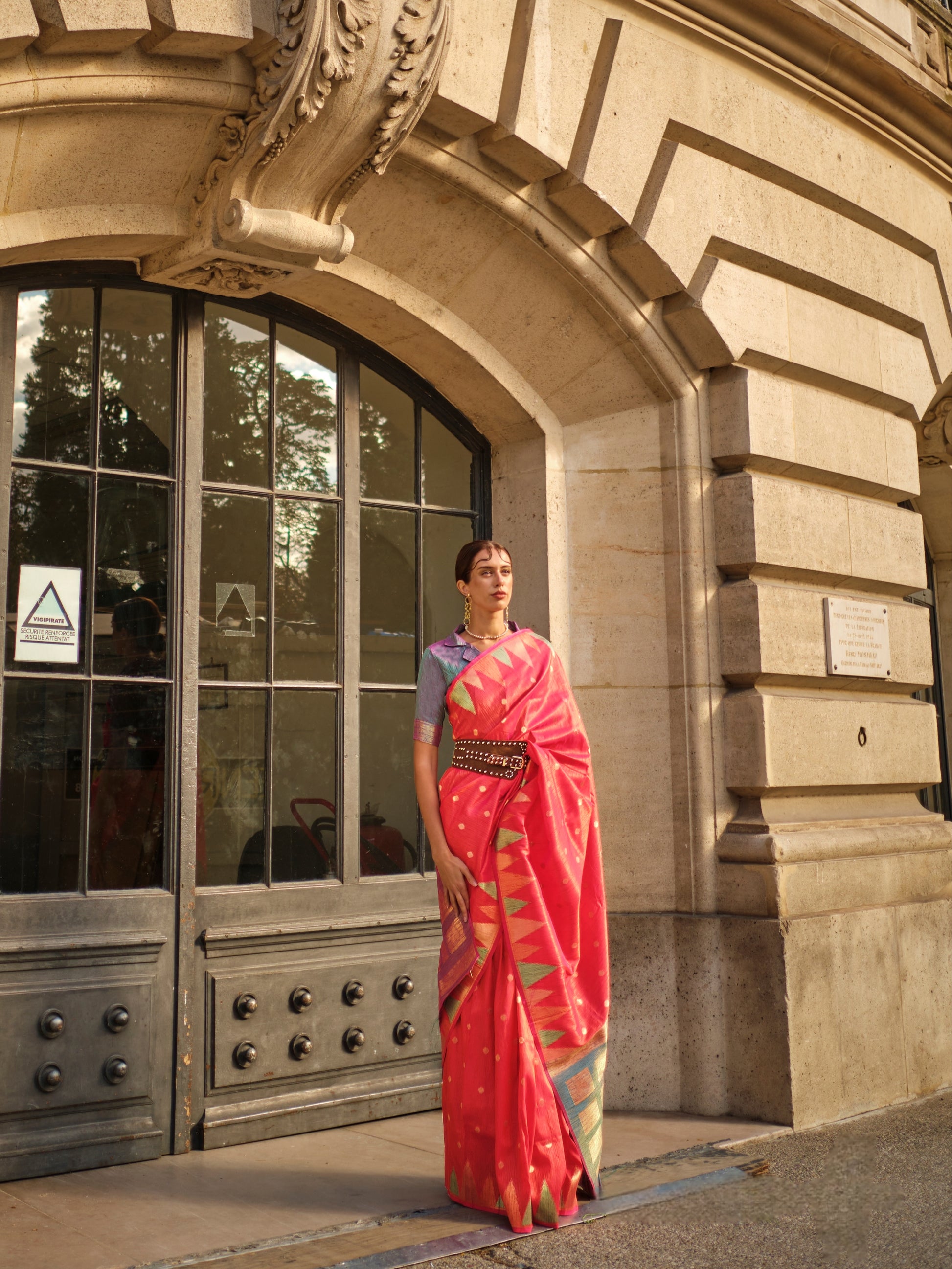 Coral Pink Kanchipuram Silk Saree with Gold Zari Temple Border