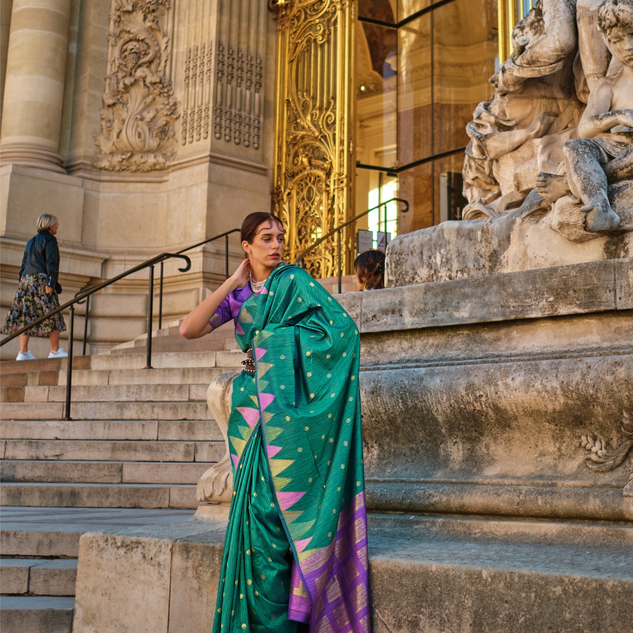 Green Kanchipuram Silk Saree with Purple Contrast Pallu