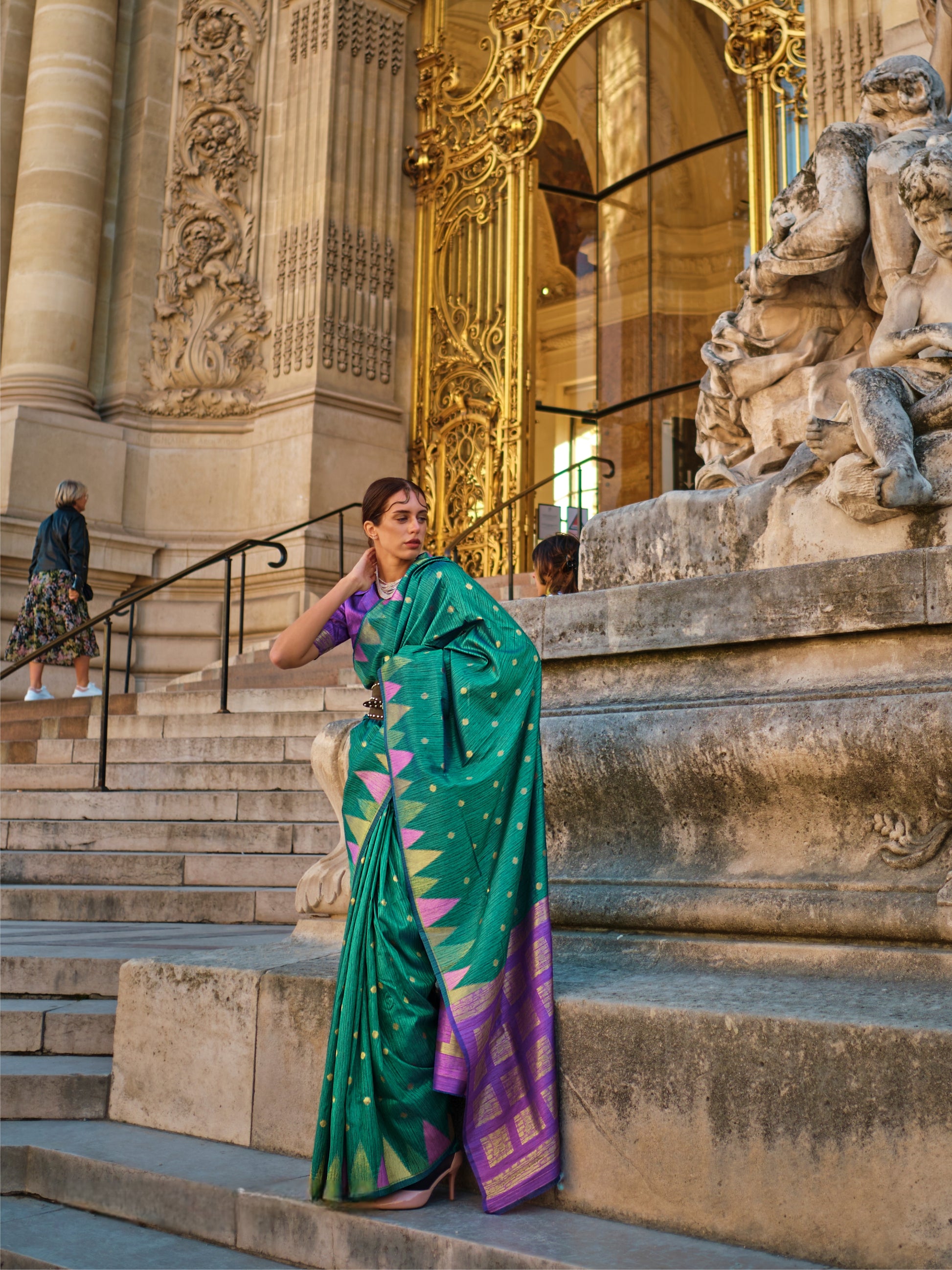 Green Kanchipuram Silk Saree with Purple Contrast Pallu