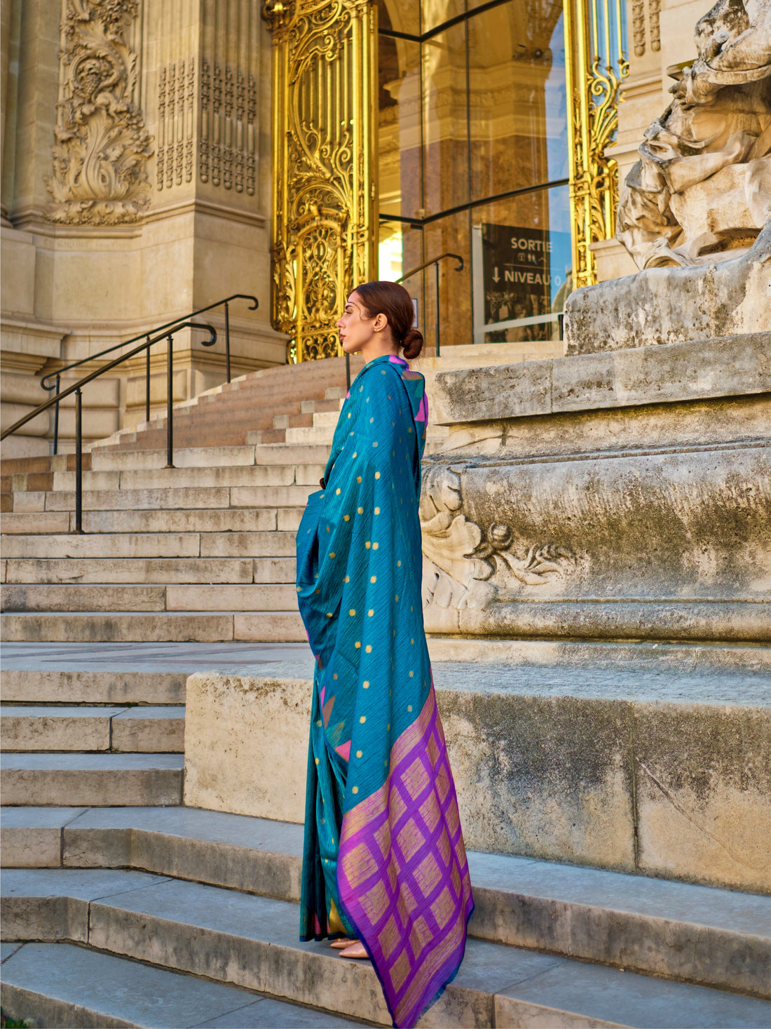 Royal Blue Kanchipuram Silk Saree with Purple Contrast Pallu