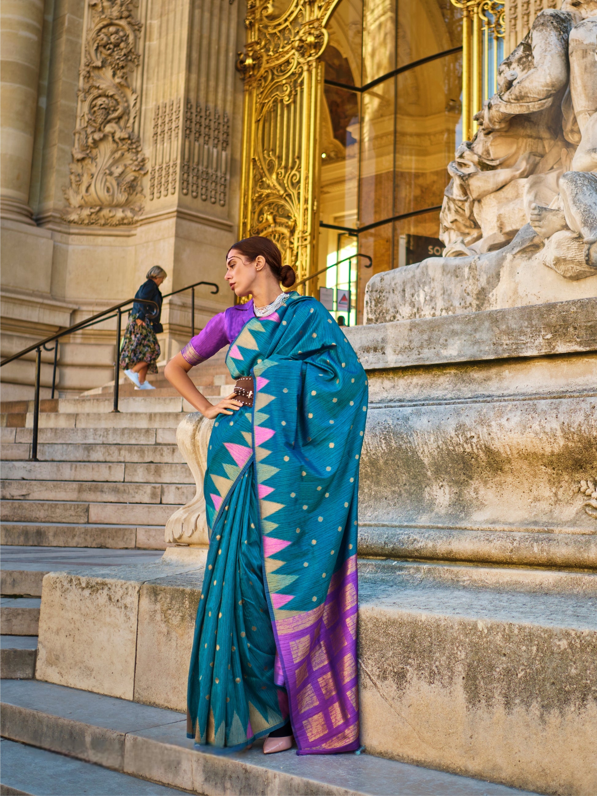 Royal Blue Kanchipuram Silk Saree with Purple Contrast Pallu