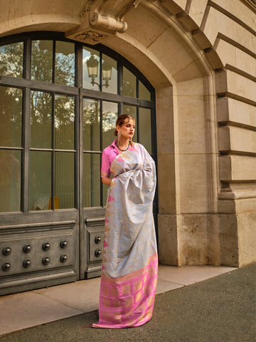 Silver & Pink Kanchipuram Silk Saree with Gold Zari Weaving