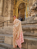 Beige & Pink Kanchipuram Silk Saree with Heavy Gold Zari Weaving