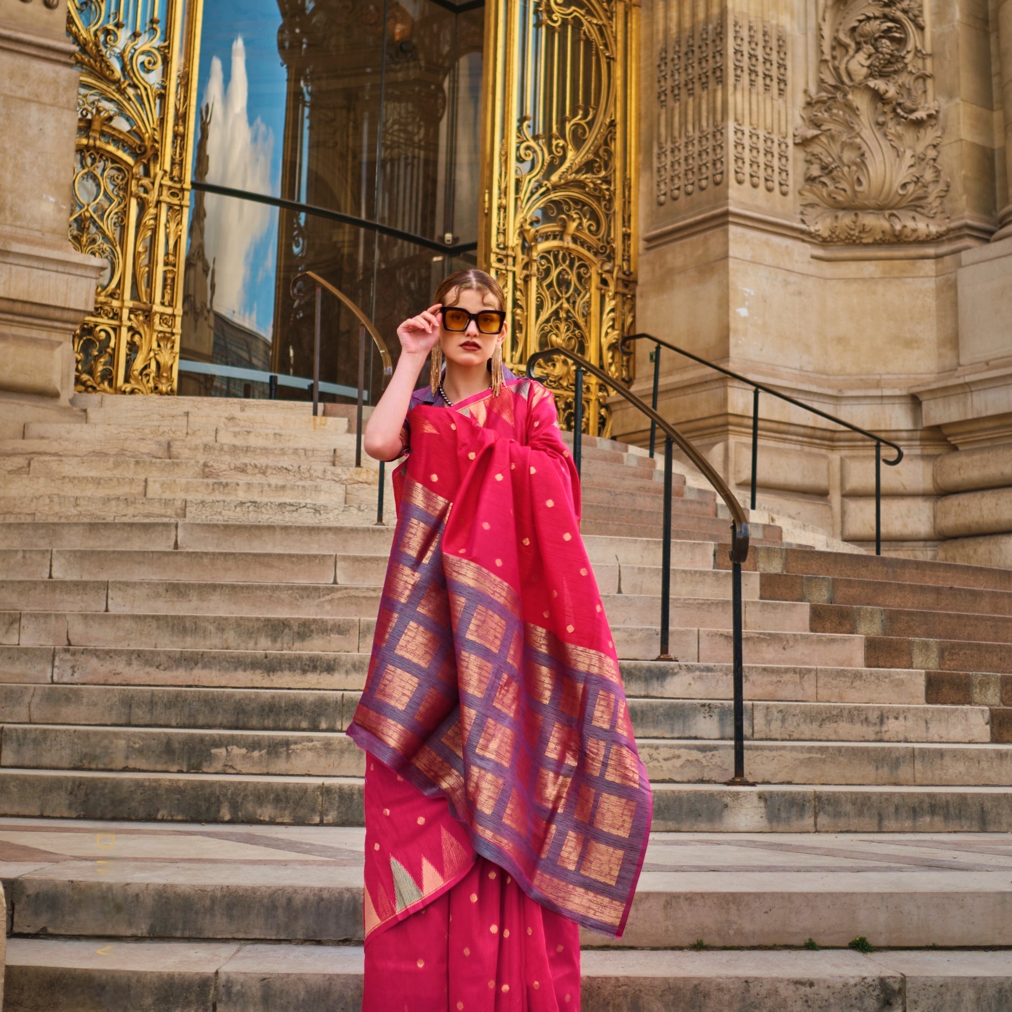 Red & Blue Kanchipuram Silk Saree with Gold Checks