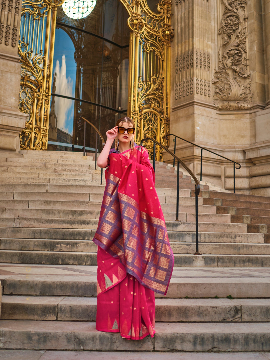 Red & Blue Kanchipuram Silk Saree with Gold Checks