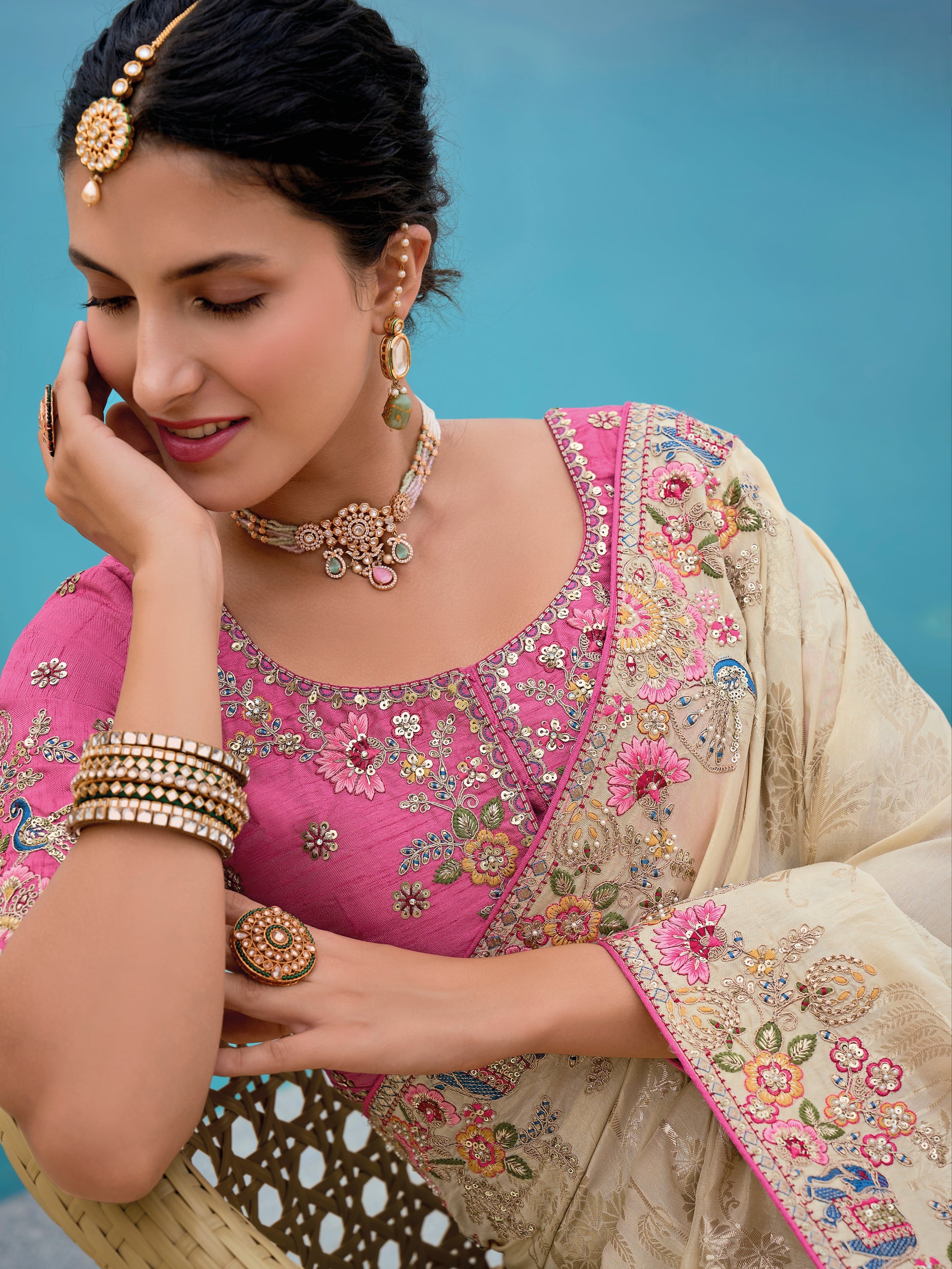 Ivory Cream Banarasi Silk Saree with Floral Zari Weaving